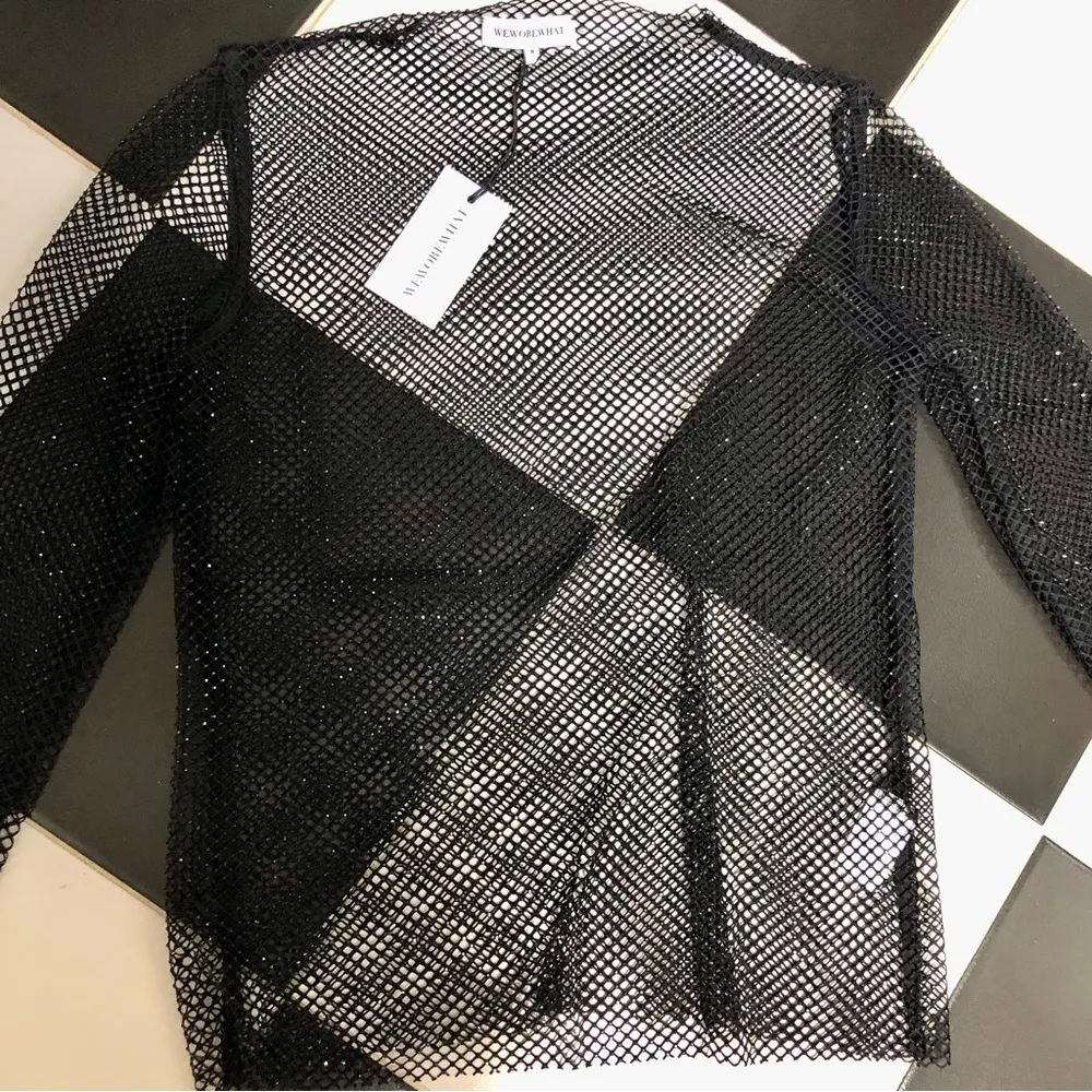 NWT WeWoreWhat Mesh Crystal Mock Neck Long Sleeve Sheer Rhinestone Sparkly Top M - Image 8