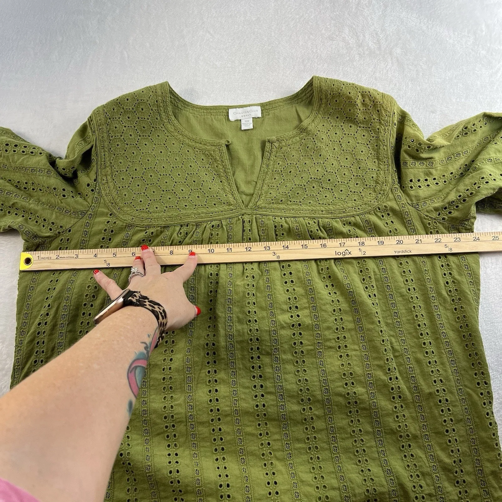 Charter Club Woman Plus 16W Blouse Green Eyelet Boho Peasant Keyhole 3/4 Sleeve - Image 8