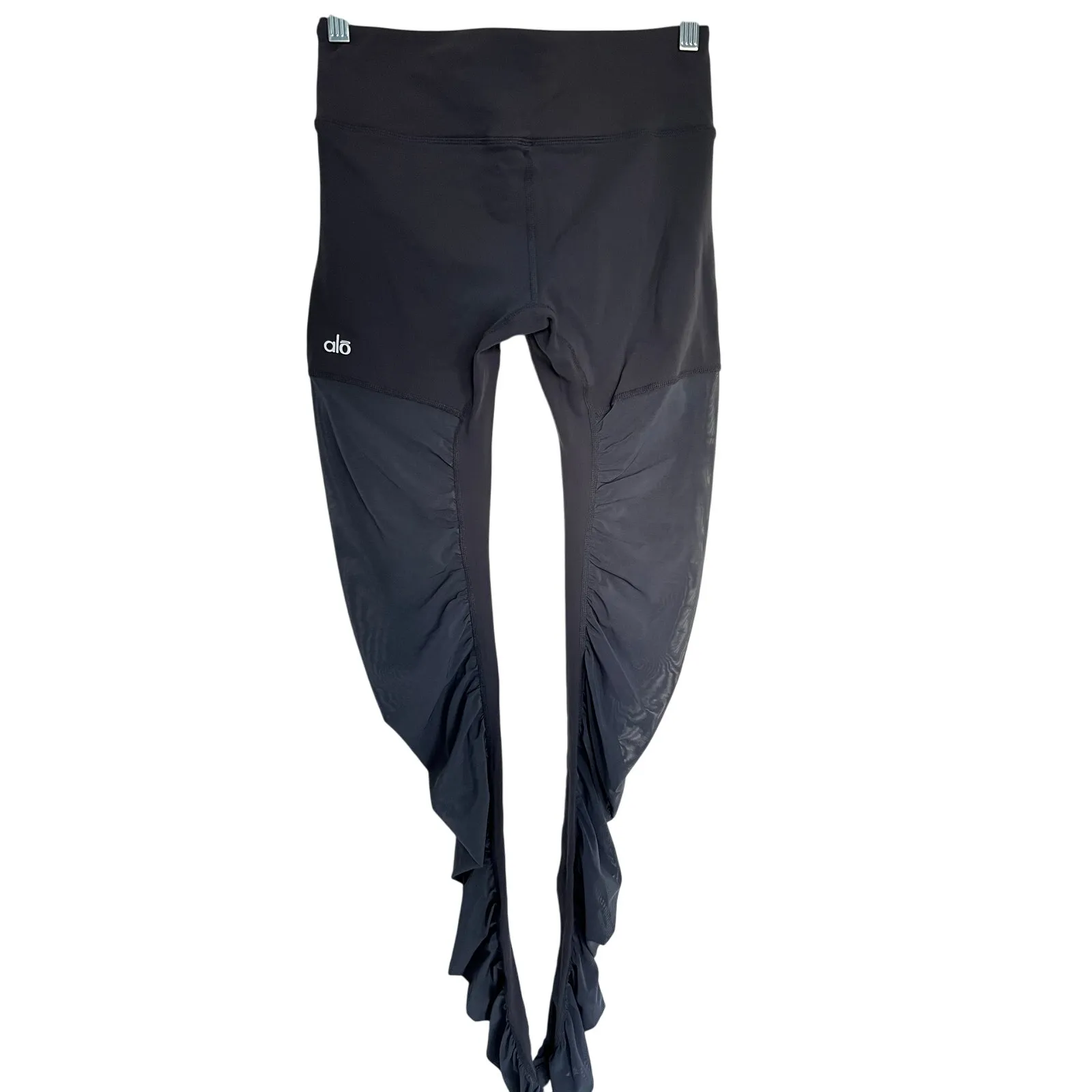 Alo Yoga Gray Mixed Mesh Leggings Sheer Ruched Seaming Small - Image 2