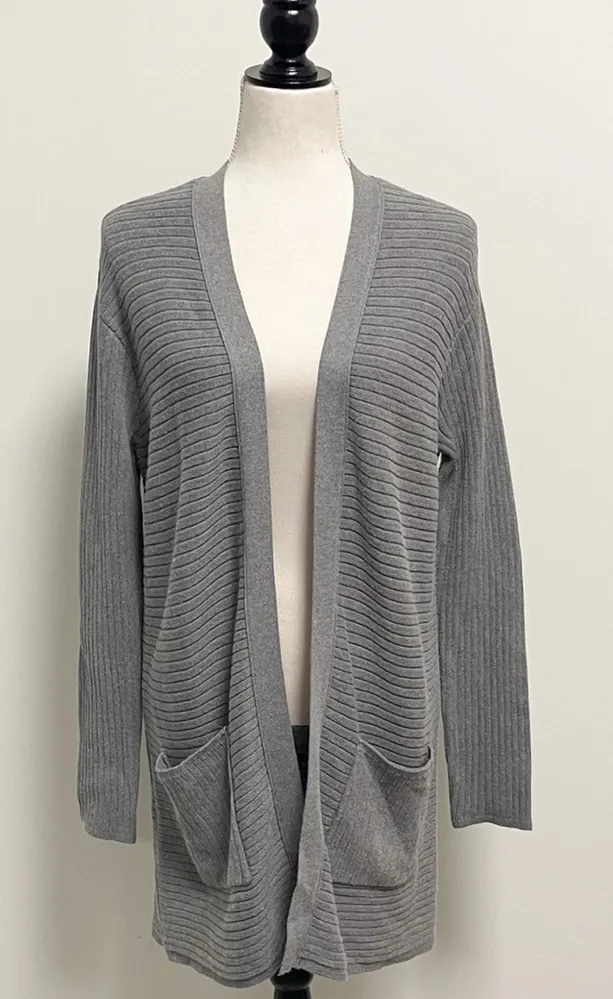 J Jill Gray Knit Ribbed Open Front Long Cardigan XS Pockets Alternating Ribbing - Image 1
