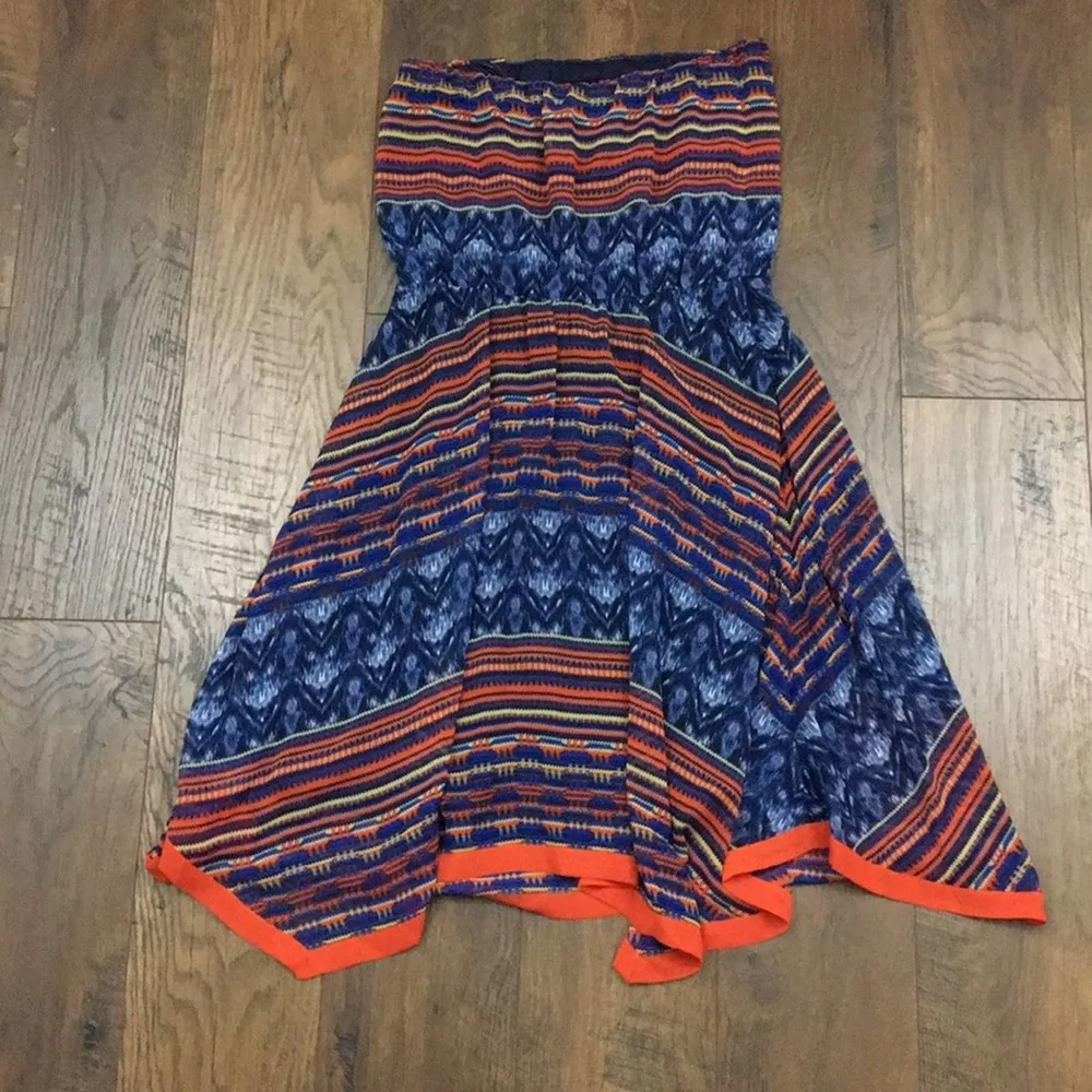 Anthropologie Maeve Urcos Bliss Tribal Strapless Fit& Flare Navy/Coral Dress - Image 7