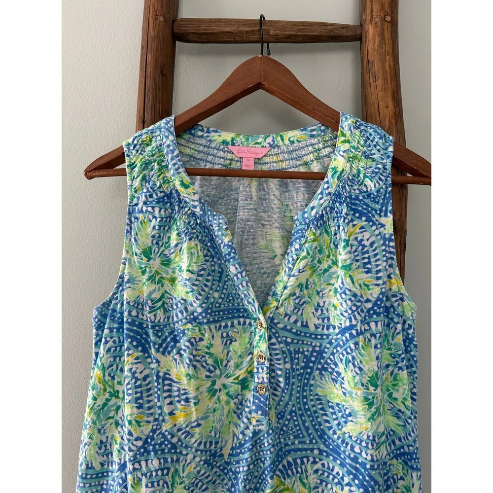 Lilly Pulitzer Sleeveless V-Neck Shift Dress Blue Green Starburst Print Summer - Image 3