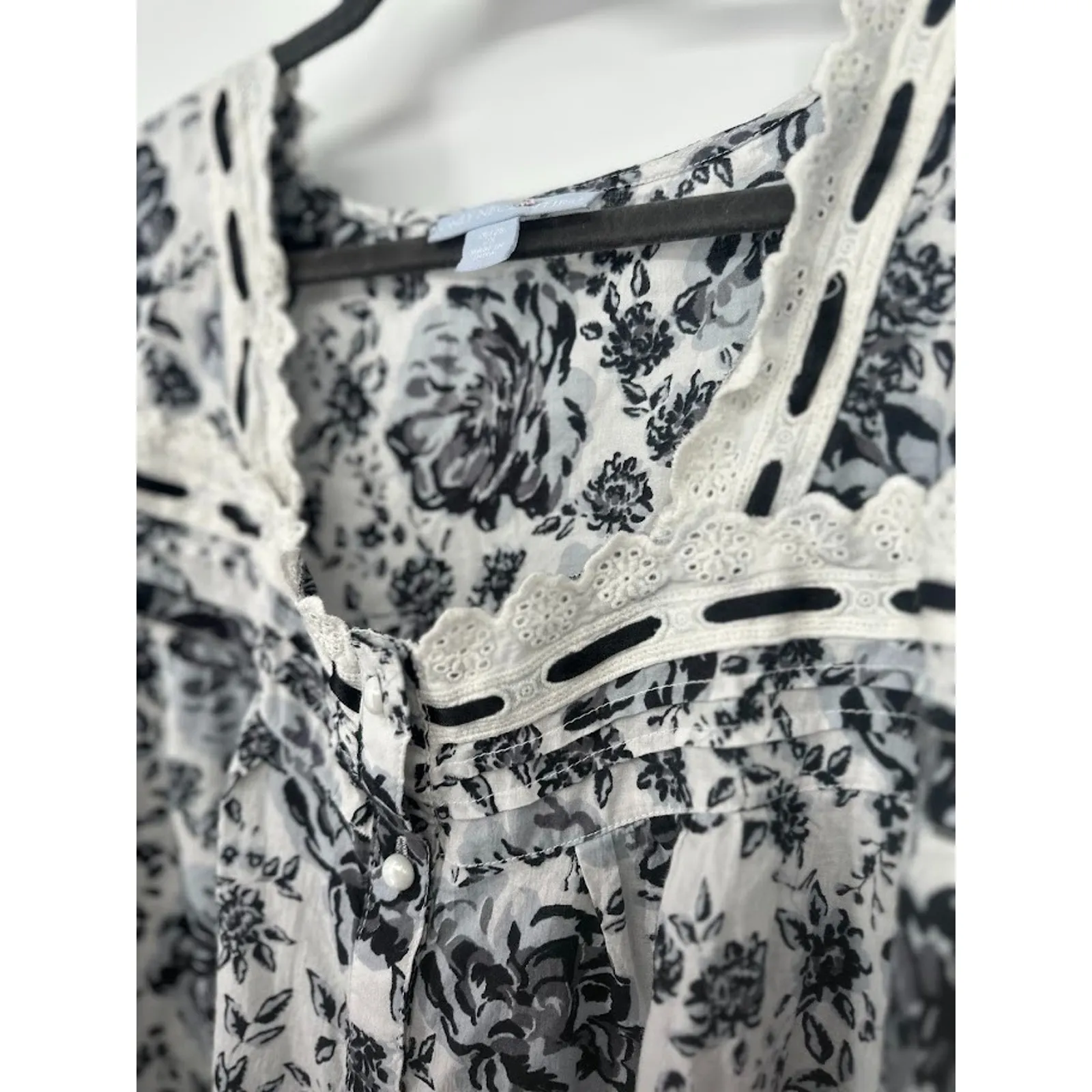 Only Necessities Size 2X Black White Rose Floral Nightgown Ribbon Eyelet Trim - Image 5