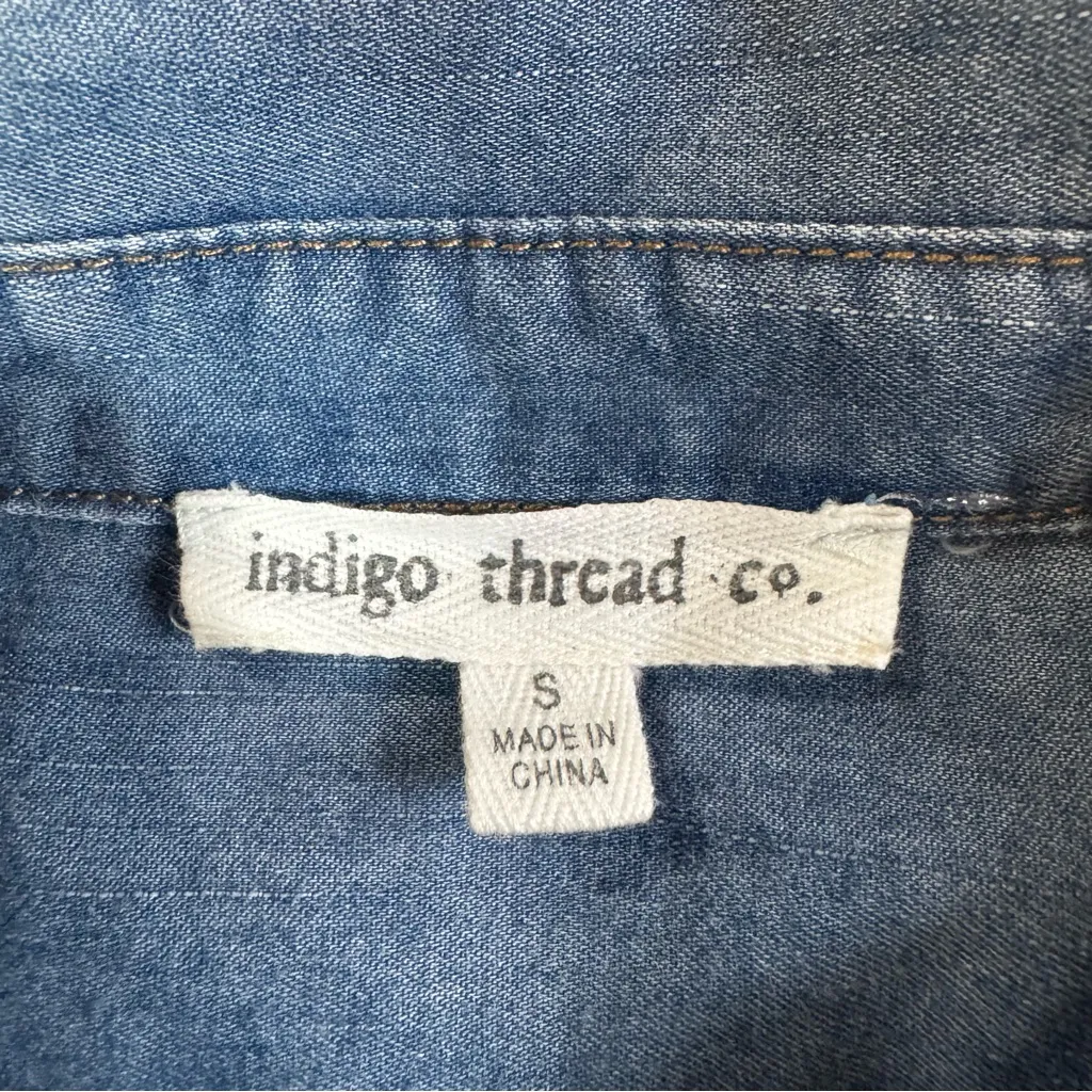 Indigo Thread Co. Embroidered Denim Jean Midi Long Sleeve Button Up Slit Dress Blue - Image 11