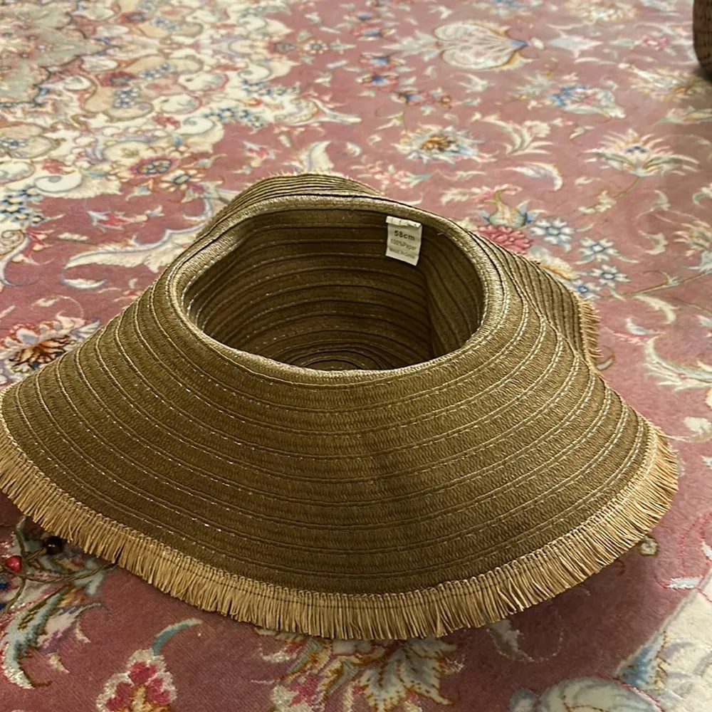 None Brown Floppy Straw Fringe Hat with Beads - Image 8