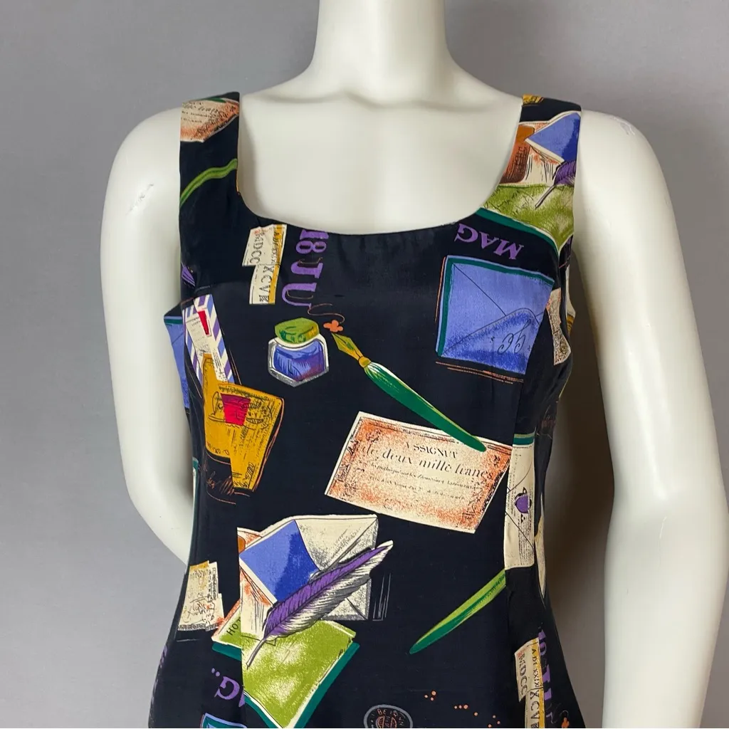 Vintage Novelty Print Dress Stationary Letters Black Sheath Rayon Black Unique‎ Size 6 - Image 4