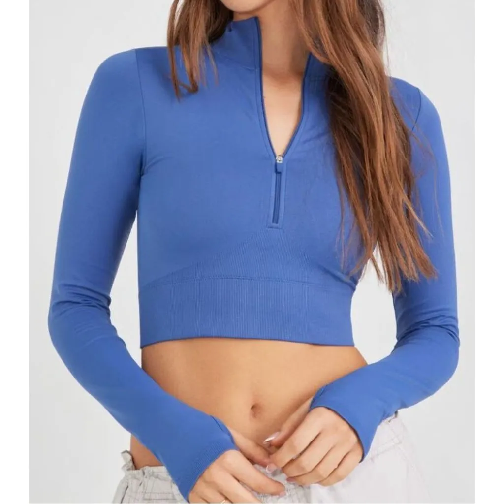 Rush B.DY Garage Half Zip Long Sleeve Cropped Top Size Medium Blue Gym Lounge - Image 11