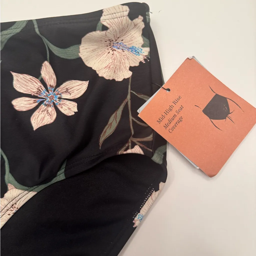 Shade & Shore Black Floral Mid High Rise Bikini Bottoms Women’s Size Large NWT - Image 3