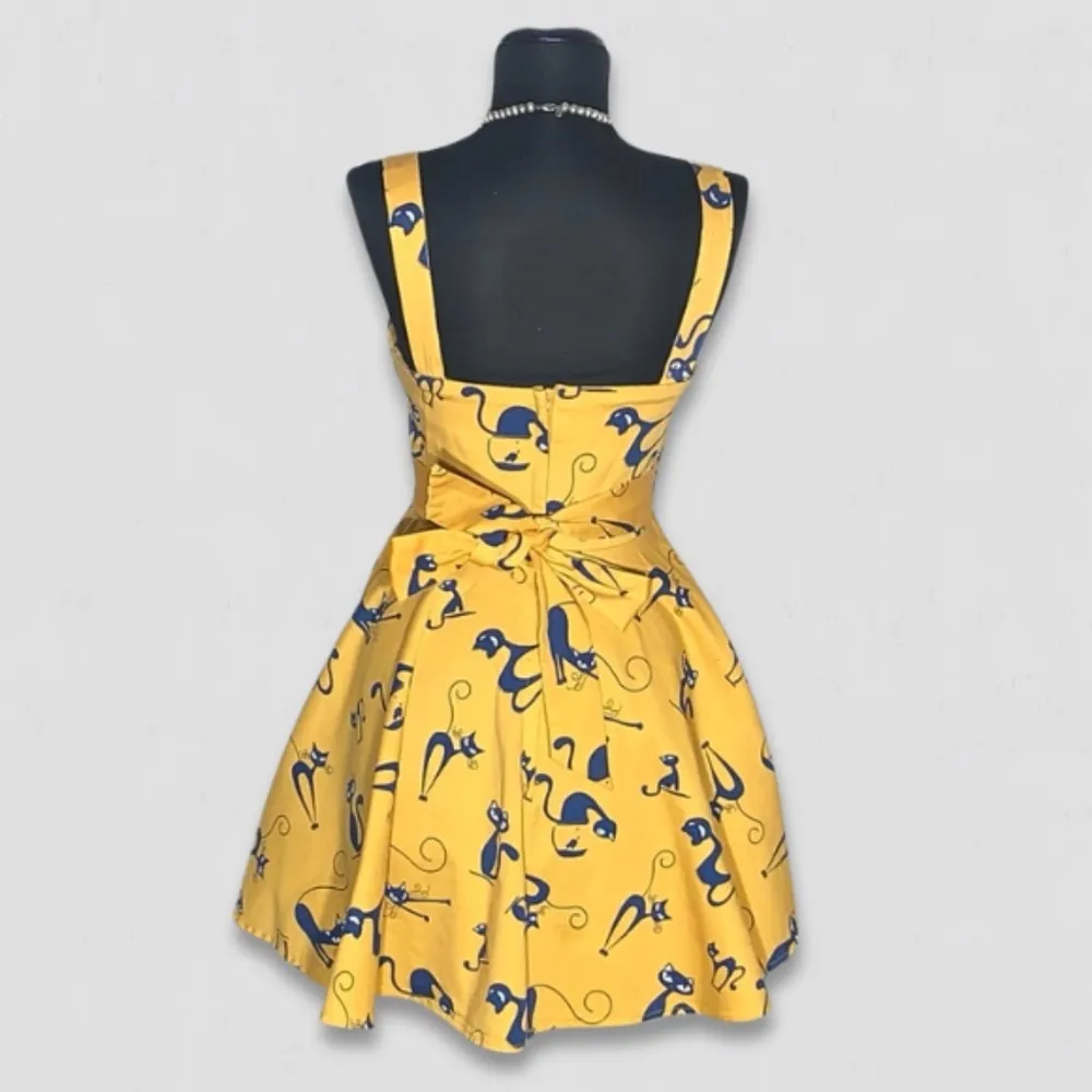Vintage IXIA Cat Print Mini Dress Yellow Blue Small - Image 2