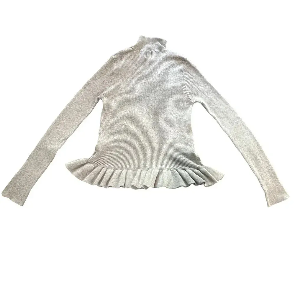 Anthropologie John & Jenn Gray Mock Neck Ribbed Ruffled Hem‎ Sweater Size Small - Image 4