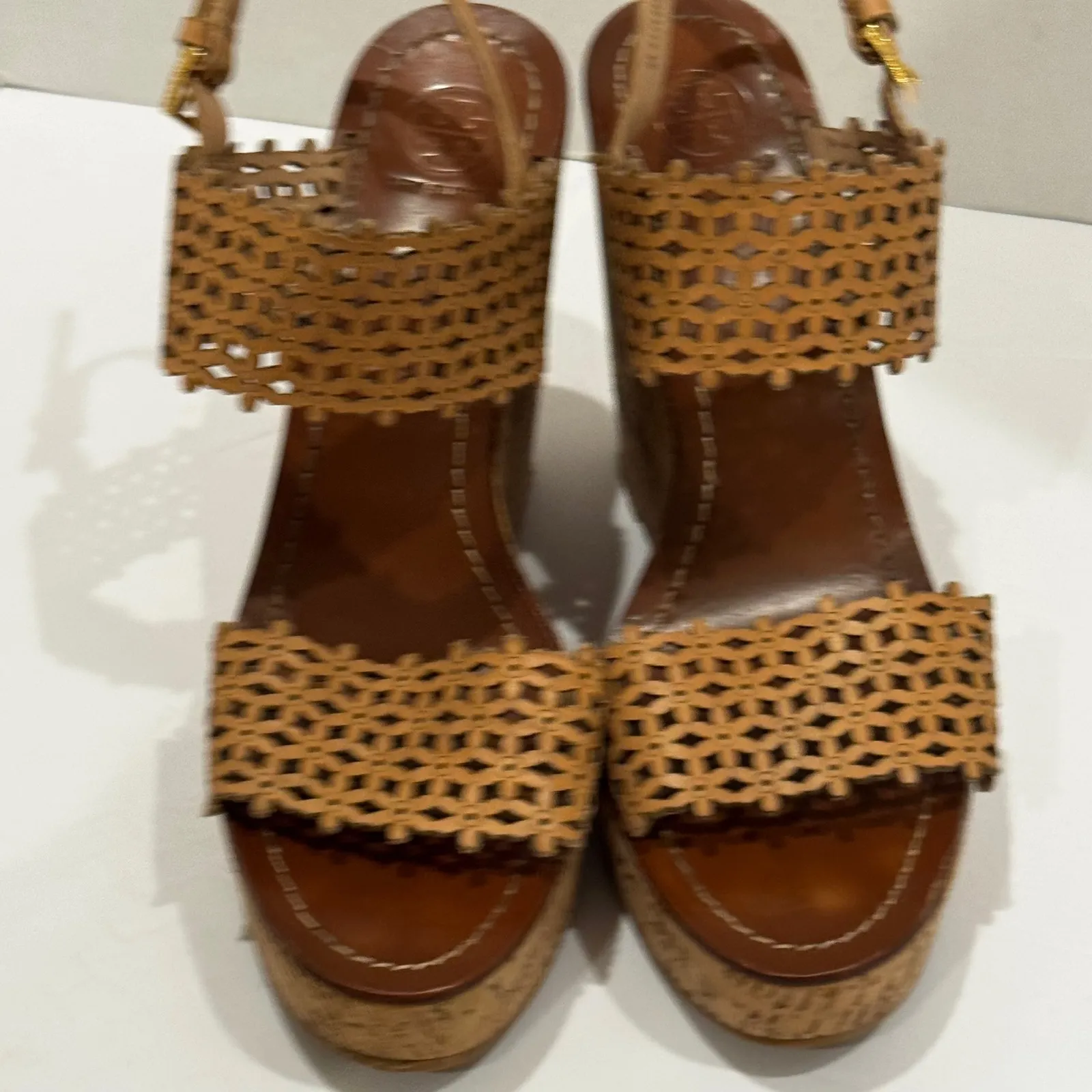 Tory Burch Daisy Cork Wedge Heel Sandals Laser Cut Leather Tan Women's Size 10 M - Image 7