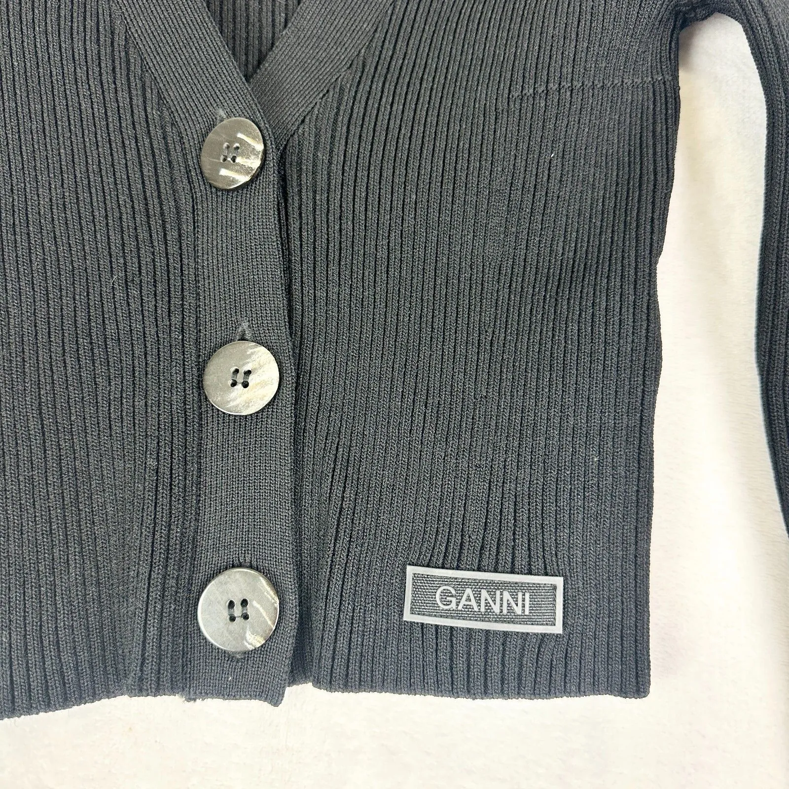 Ganni Melange Knit Cardigan Size XS Black Ribbed Minimalist Classic - Image 6