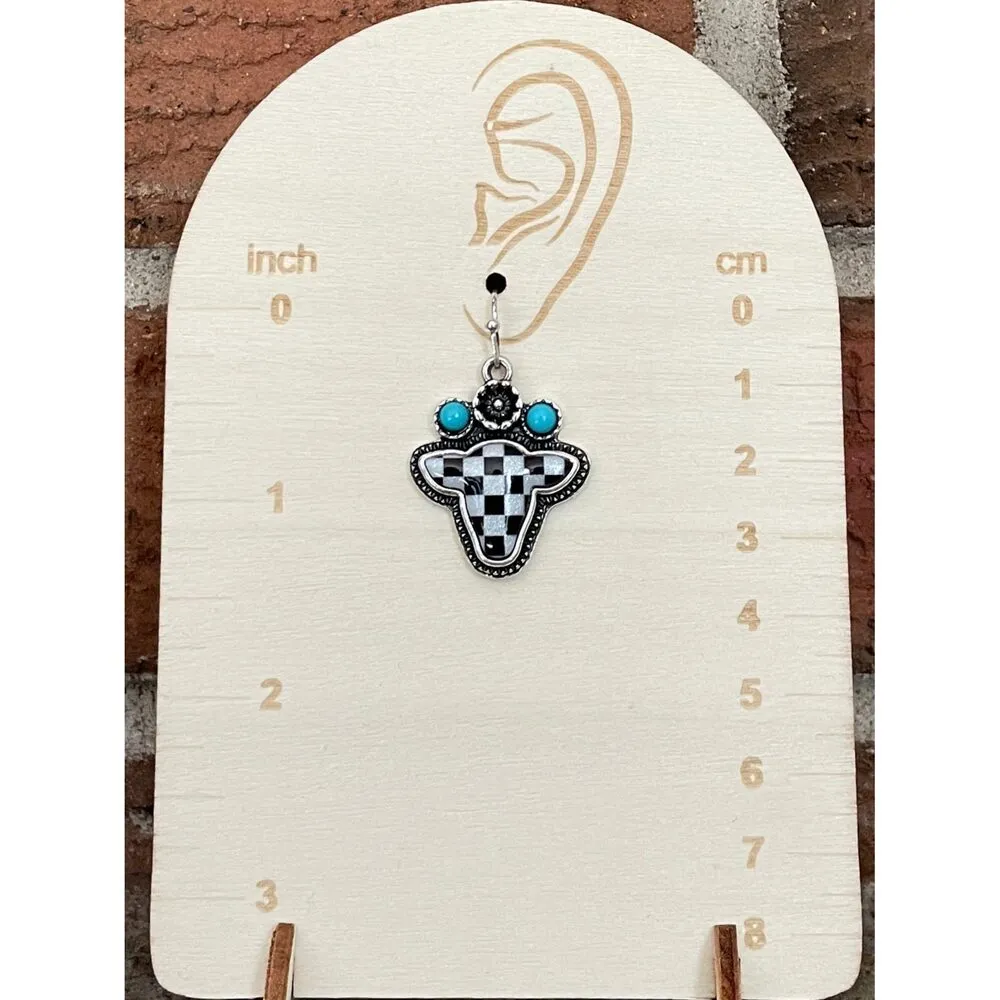 Checkerboard Cow Earrings with Turquoise Black - Image 2