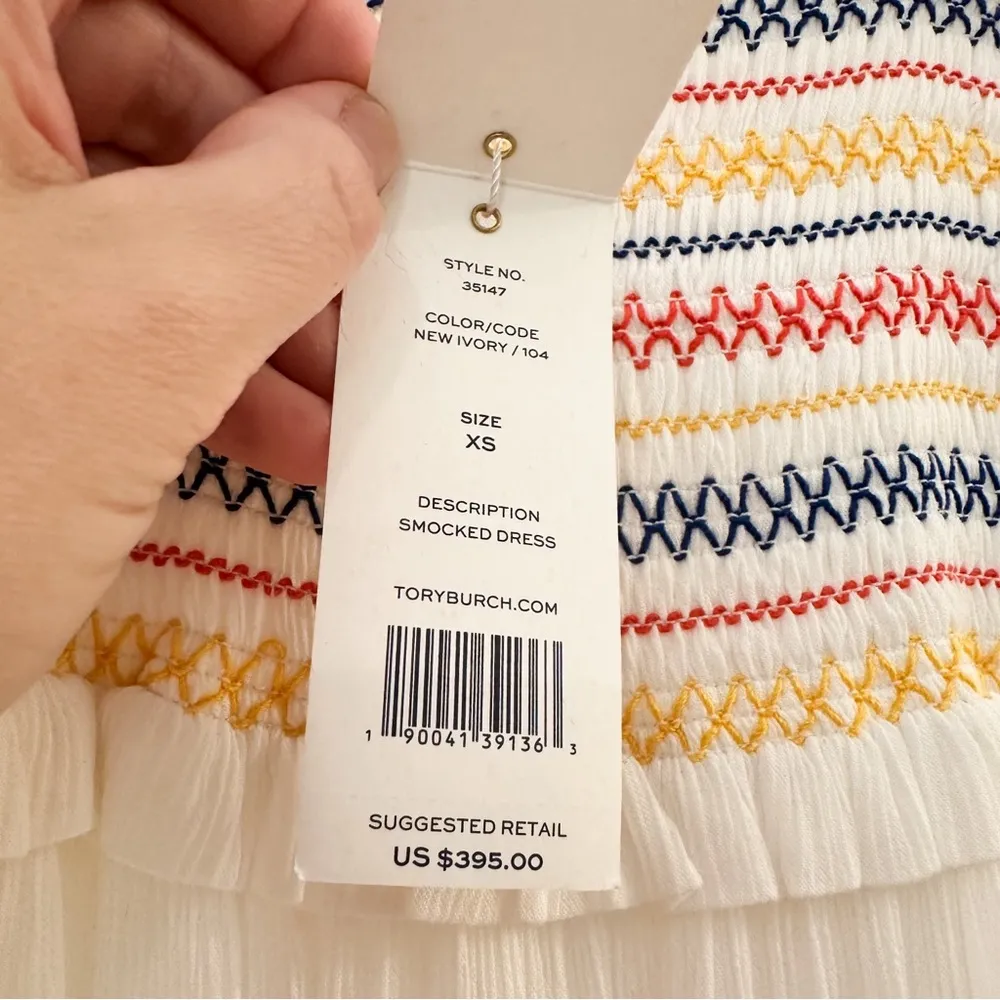 NWT Tory Burch Smocked Rainbow White Maxi Dress sz XS - Image 12