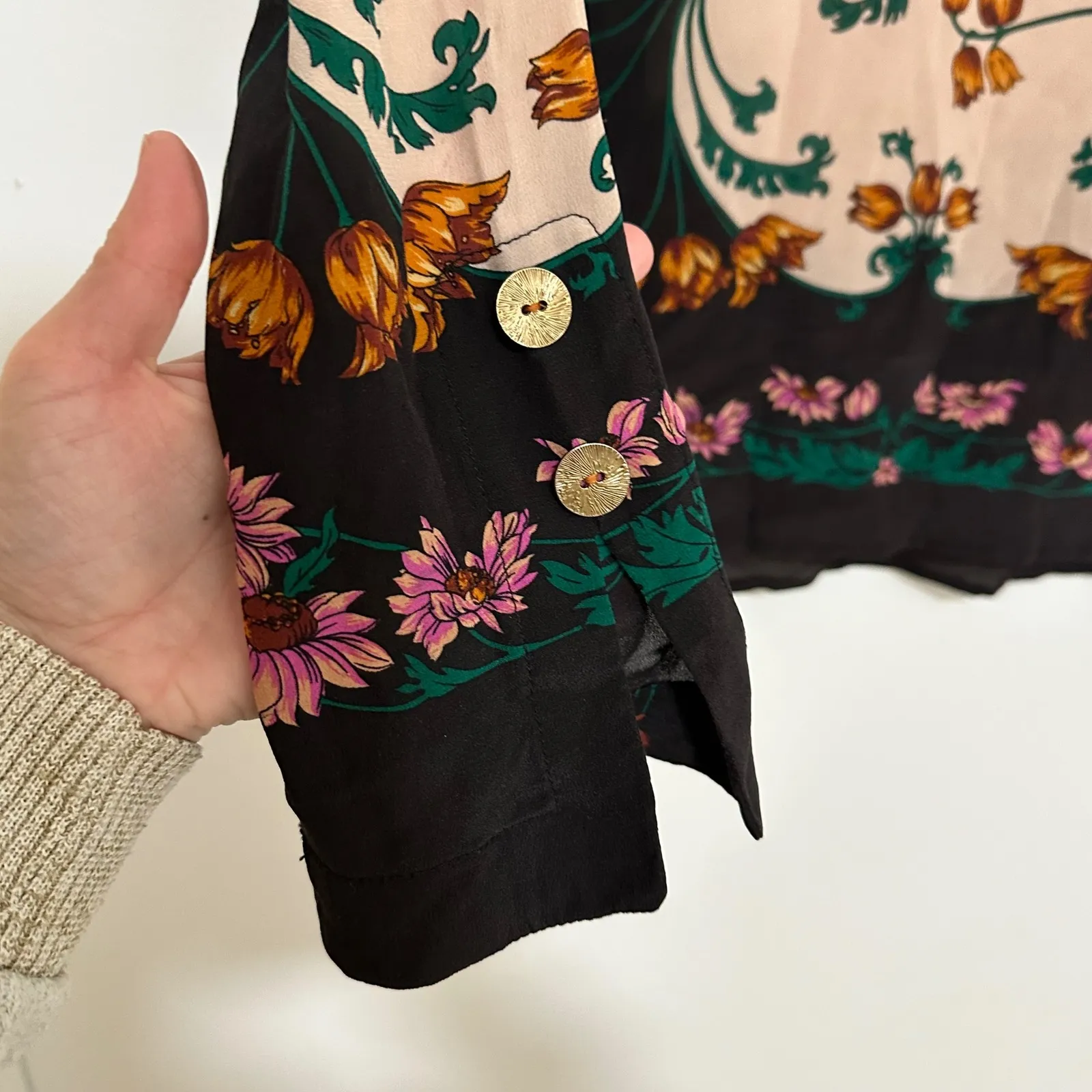 Maeve x Anthropologie | 100% Silk Florence Floral Bell Sleeve Boatneck Blouse, 4 Black - Image 6