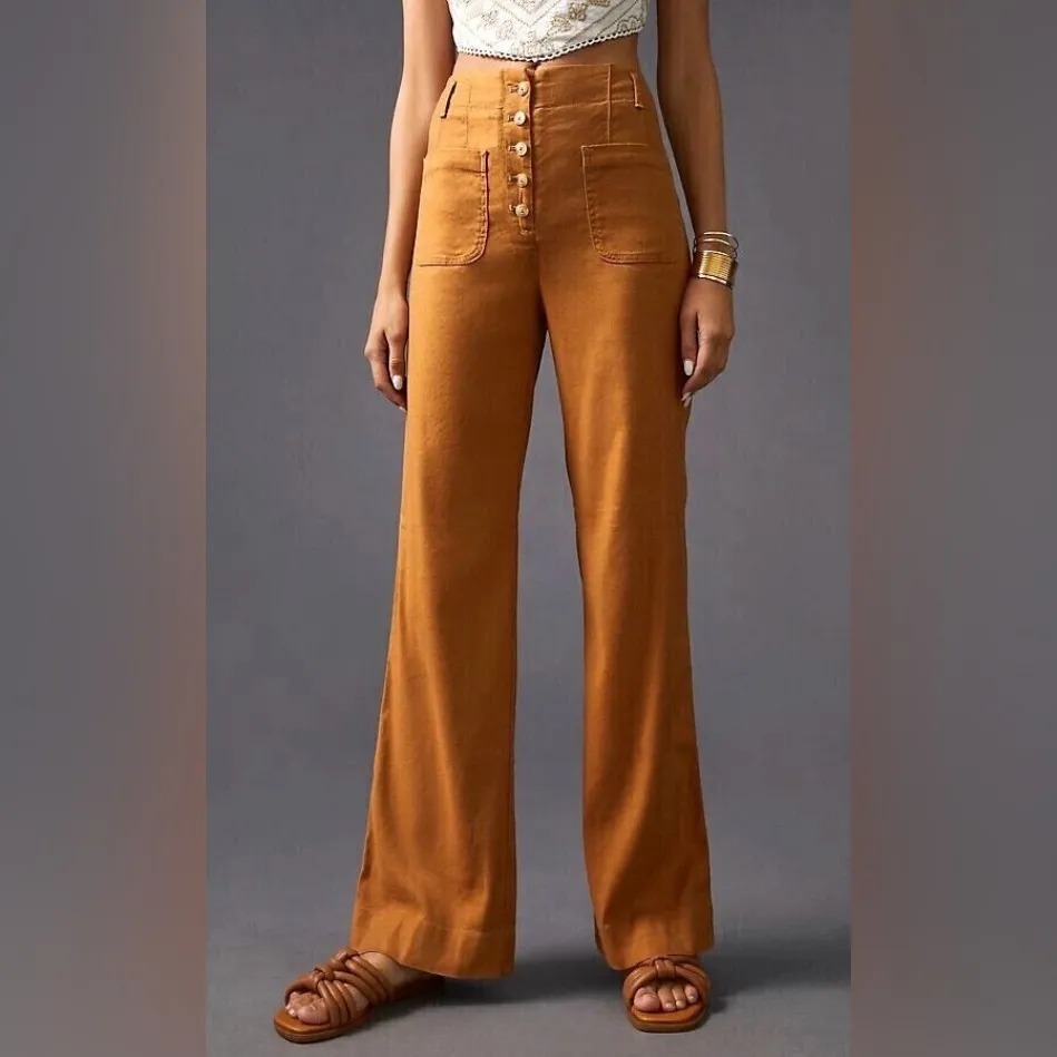 Anthropologie Maeve Linen Blend Wide Leg Button Fly Pants Tobacco Brown - Image 2