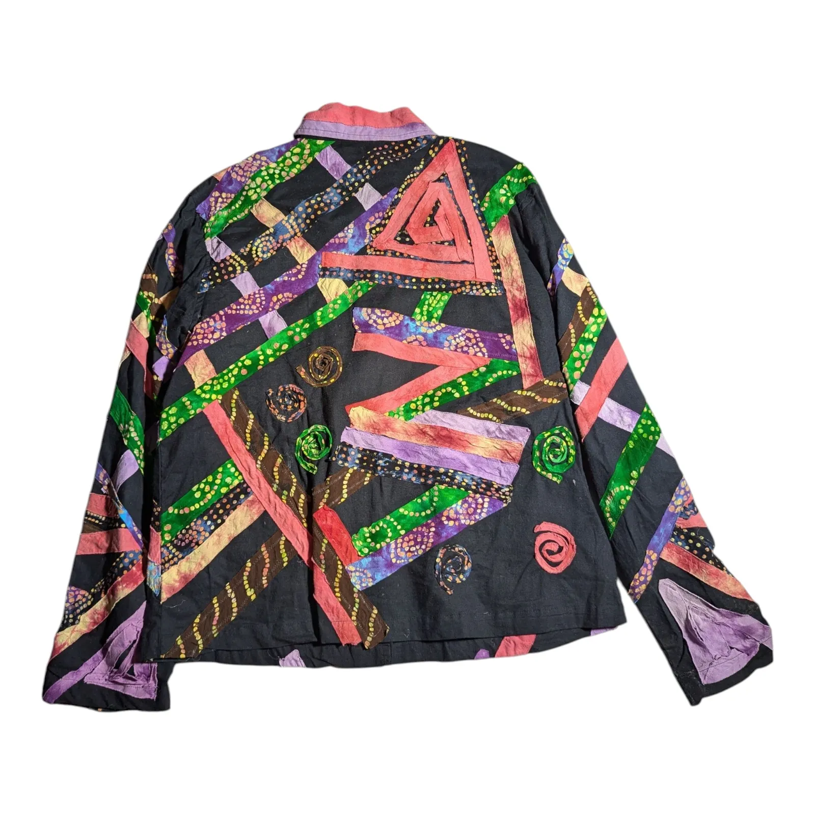 Vtg 1990s Keren Hart Black Colorful Geometric Applique Cotton Button Up Shirt XL - Image 2