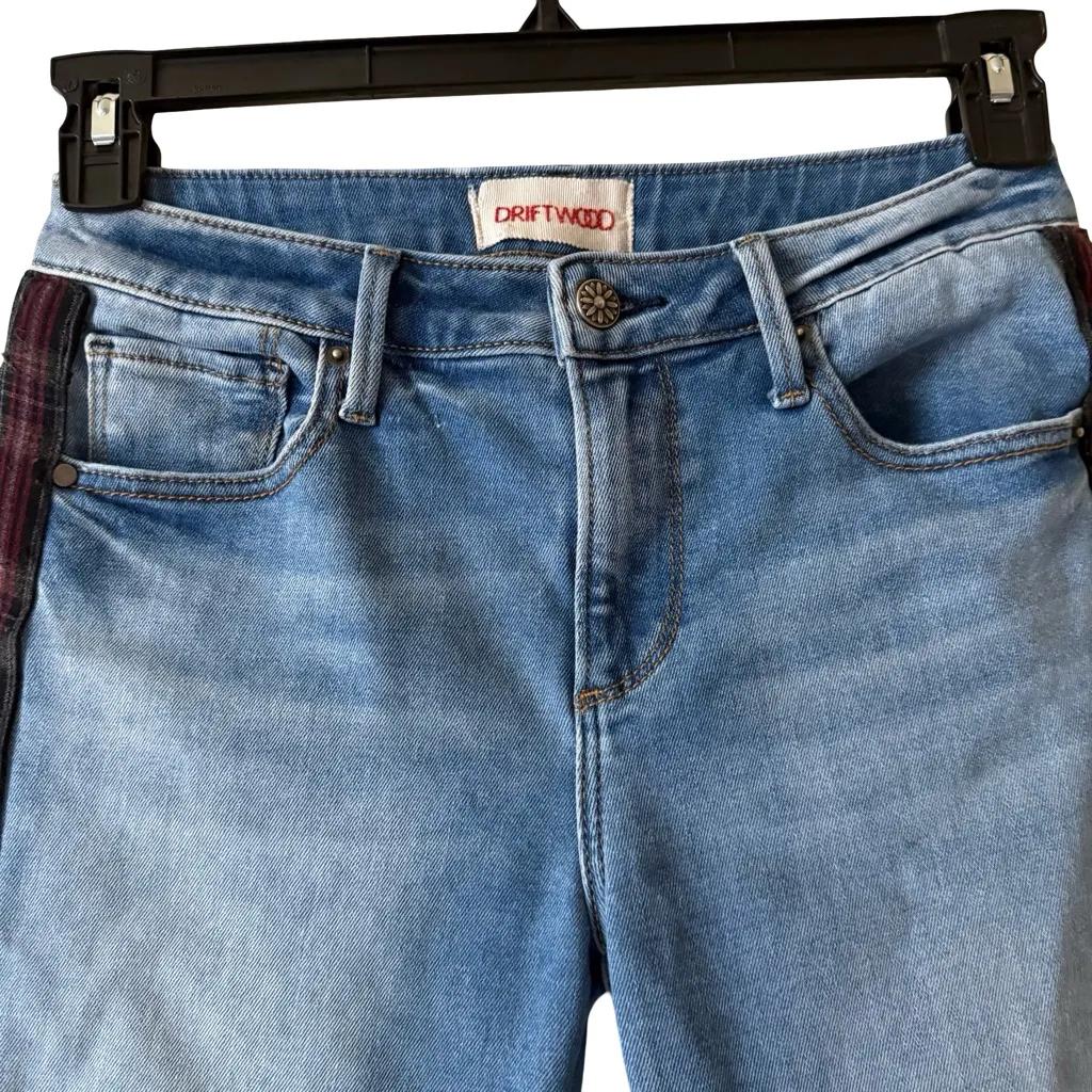 Driftwood Colette Straight Crop Jeans Frayed Hem Plaid Side Track Stripe SZ 26 - Image 5