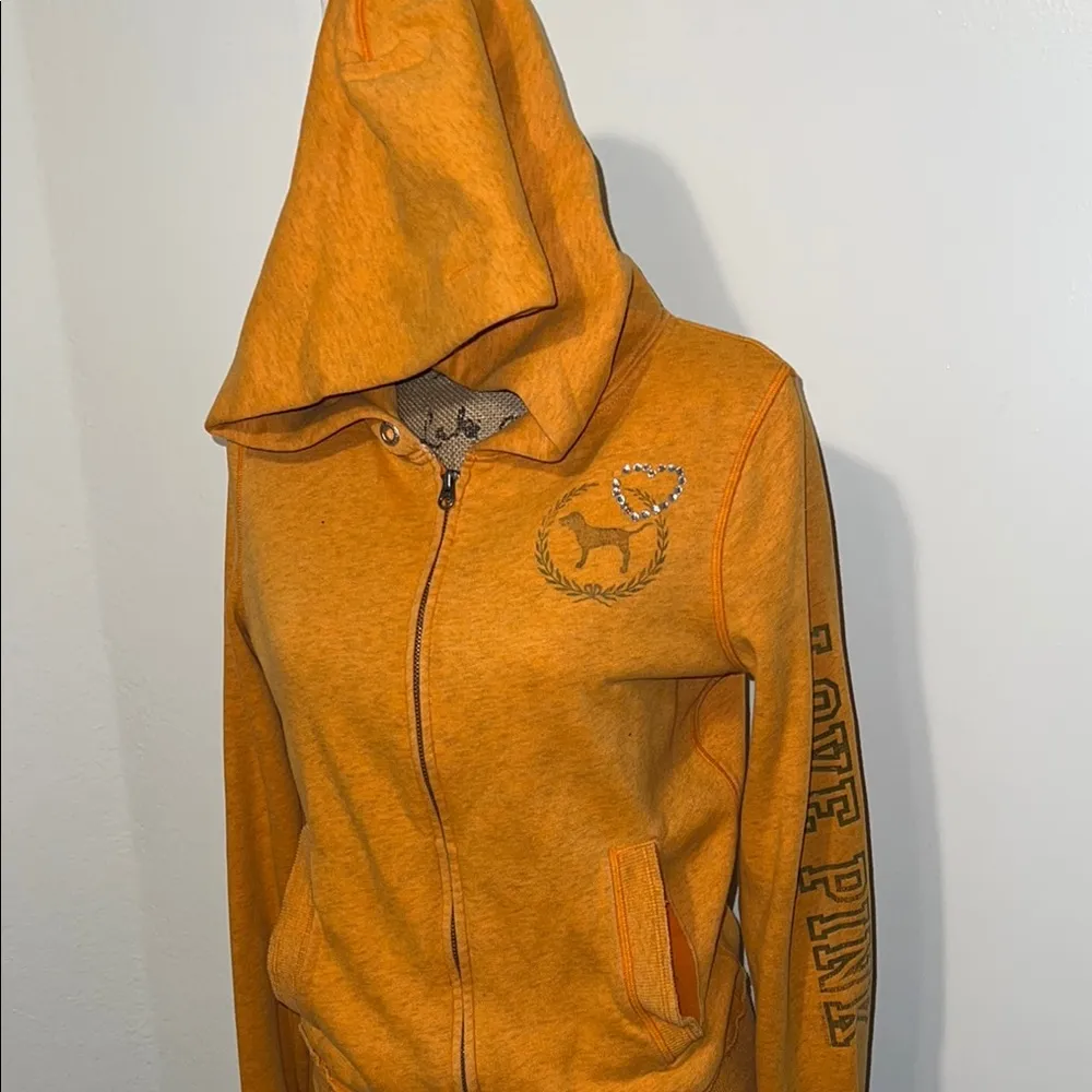 PINK Victoria's Secret Orange Zippered Fitted Hoodie - Image 2