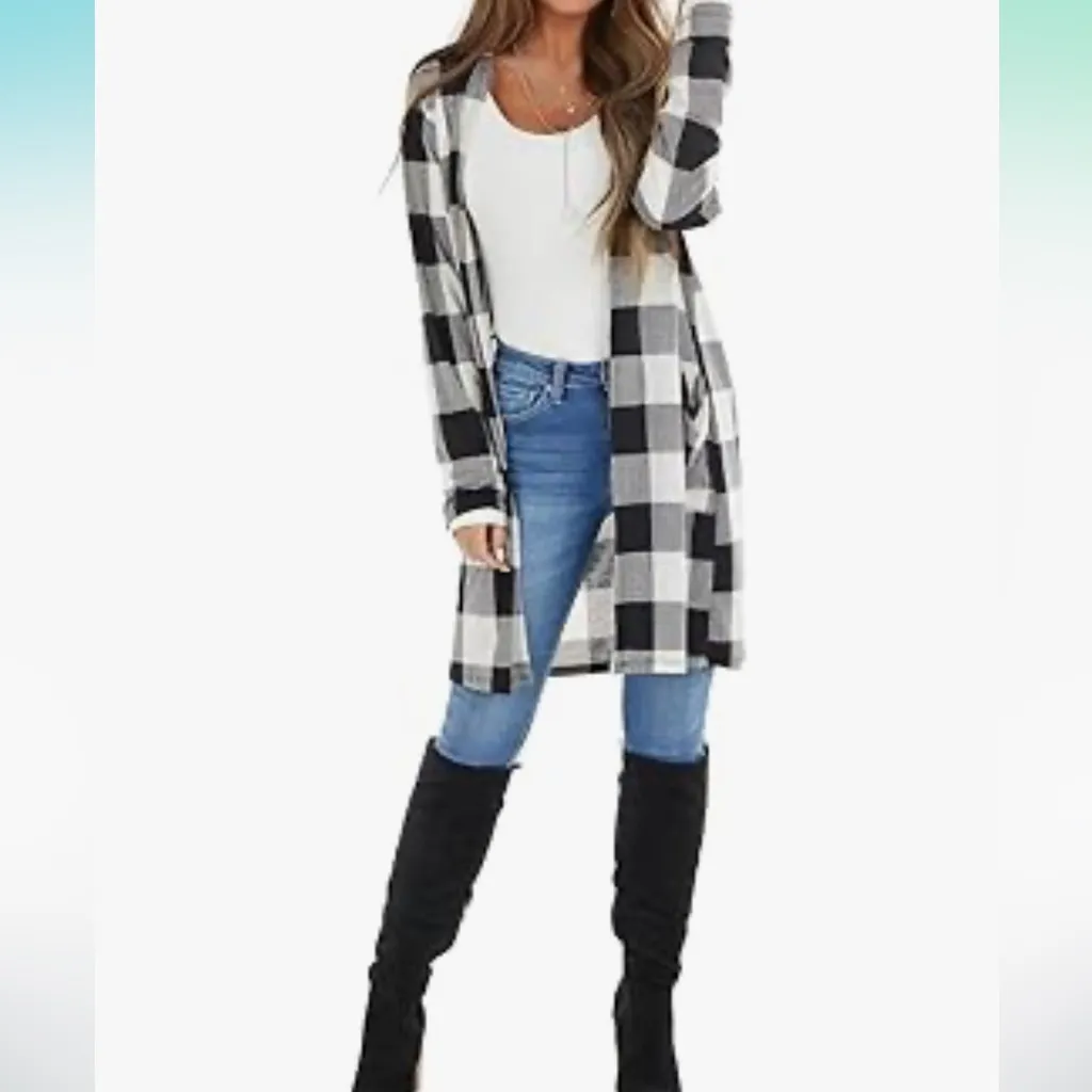 Open Front Long Draped Buffalo Plaid Cardigan - Image 10