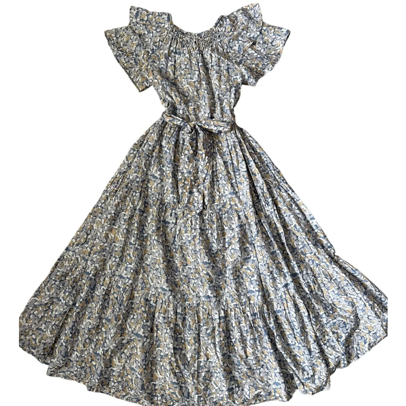 Mirth Vienna Silk Blend Belted Ruffled Floral Print Maxi Dress Green Size XS - Image 4