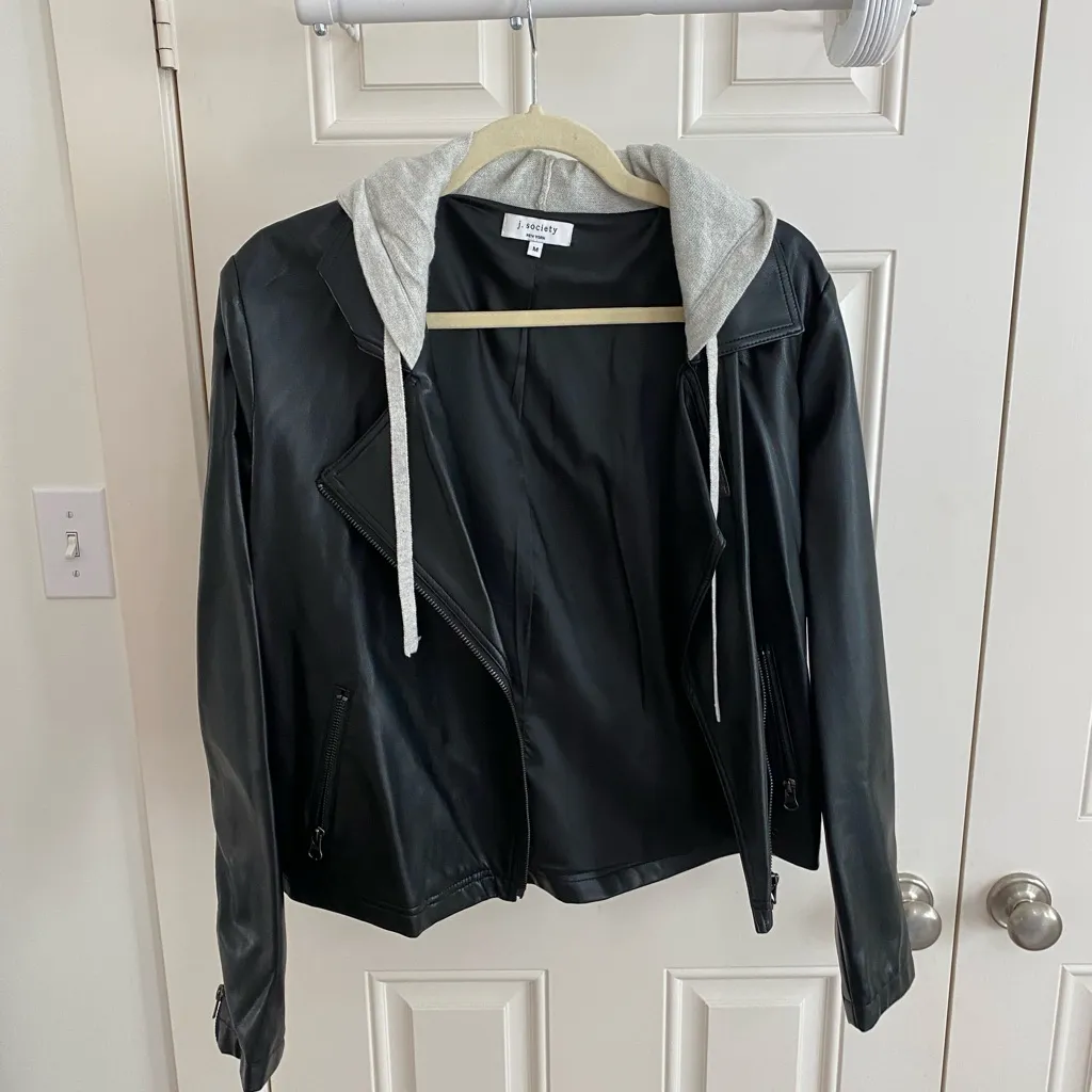 Black Faux Leather Moto Jacket with Gray Hood | Trendy Layered Look Size M - Image 3