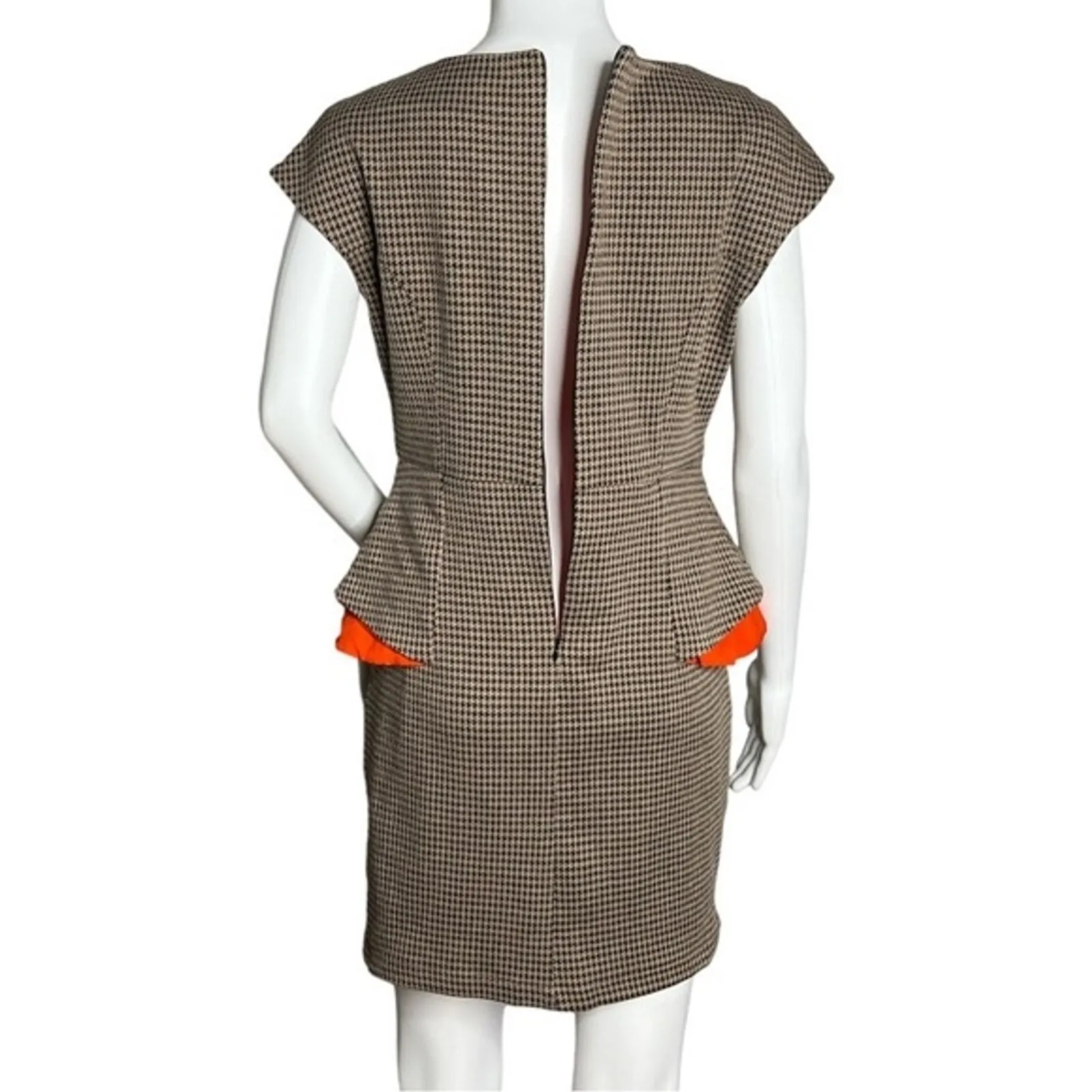 Esley Dress Womens Medium‎ Brown Black Houndstooth Peplum Sheath Orange Accents - Image 4