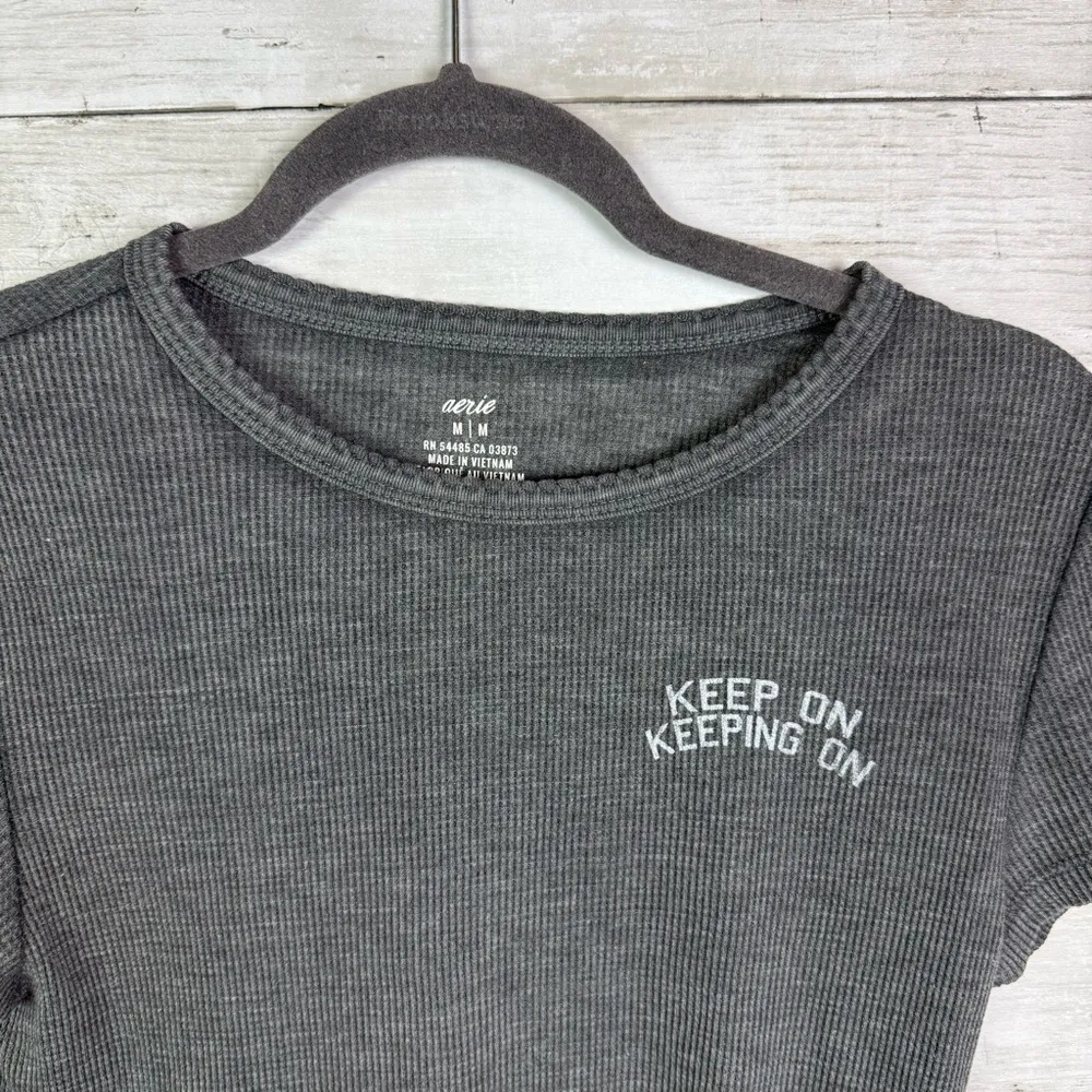 Aerie Waffle Knit Short Sleeve Tee Shirt Gray Size Medium - Image 2