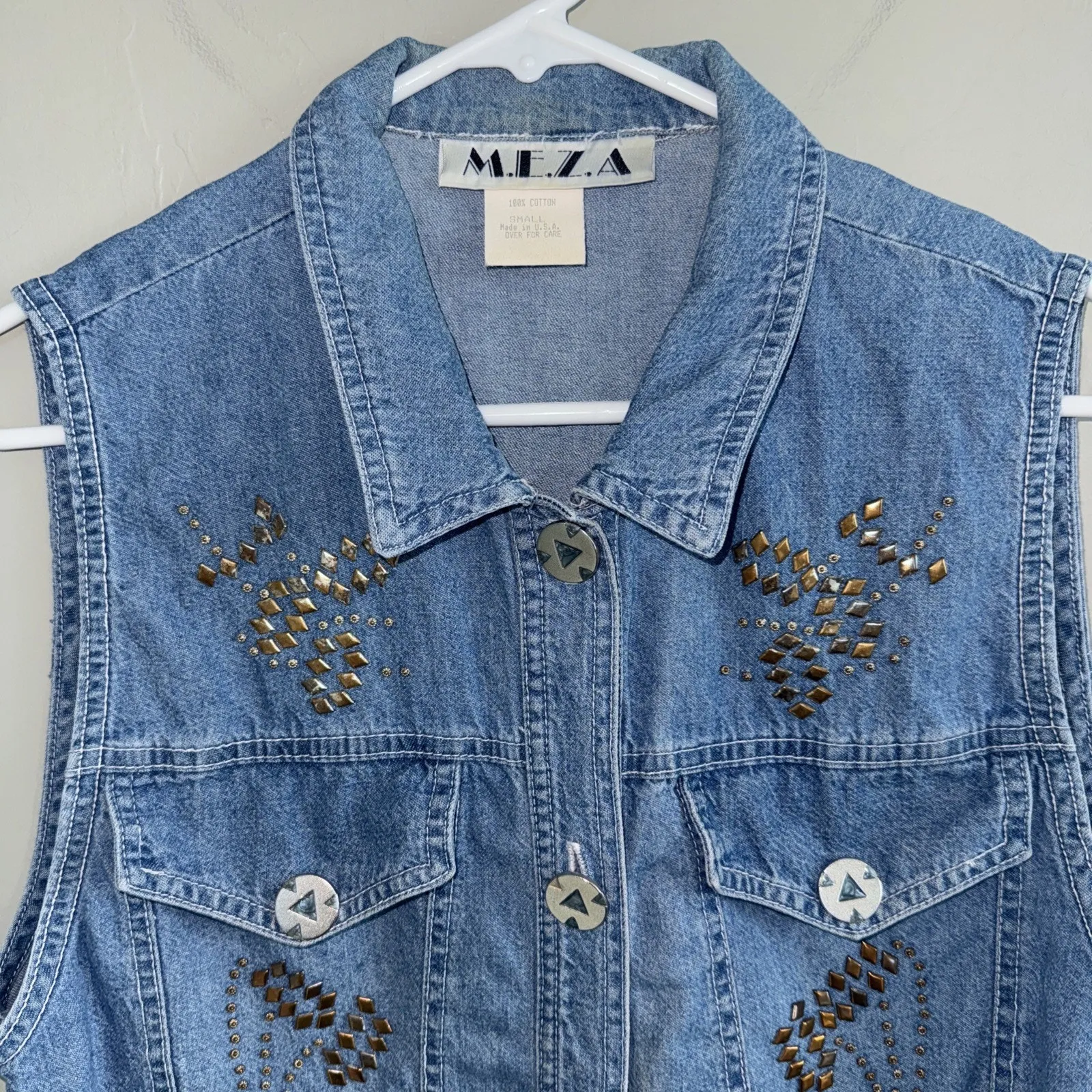 Vintage 90’s Denim Jean Western Vest Woman’s Sz S By M.E.Z.A Turquoise Beaded Blue - Image 2