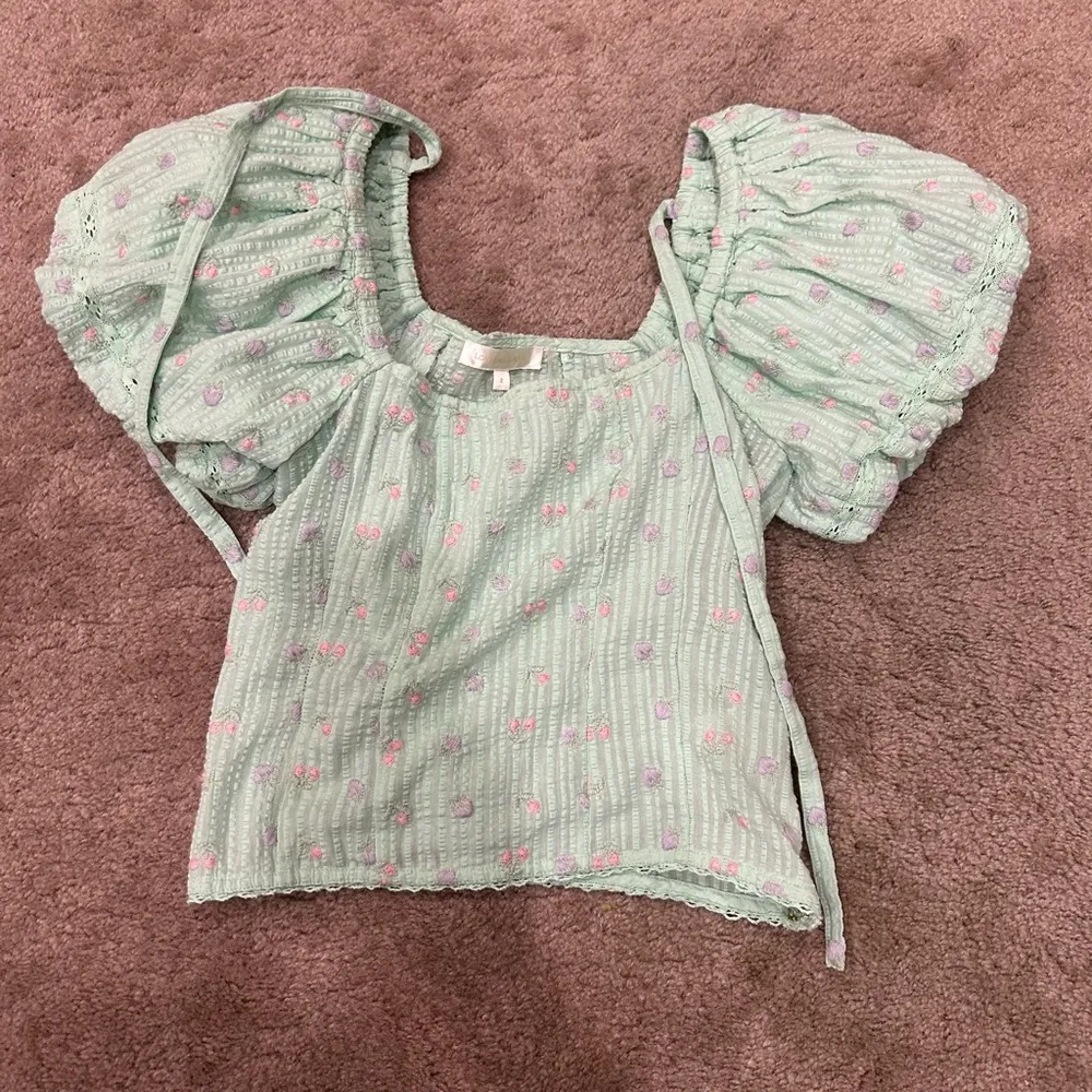 Loveshackfancy SET Aqua Lanya Puff Sleeve Top and Talma Embroidered Mini Skirt - Image 7