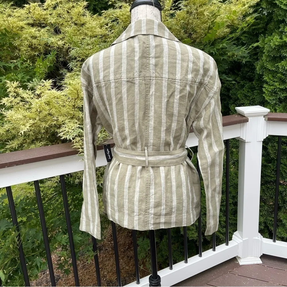 LORD & Taulor striped natural green and beige linen blazer zipped w belt Sz M Size M - Image 11