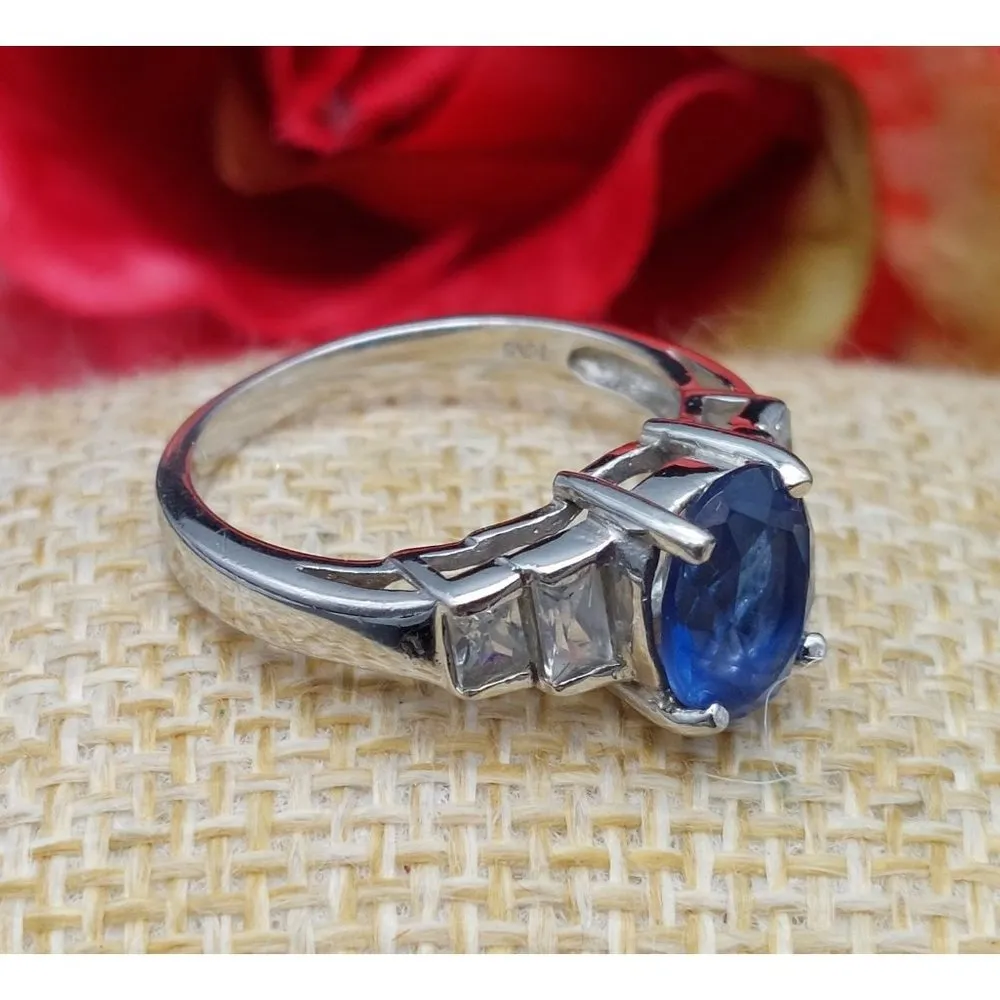 Sterling Silver Cocktail Ring FAS 925 Size 7 Baguette CZ & Blue Center Stone - Image 4