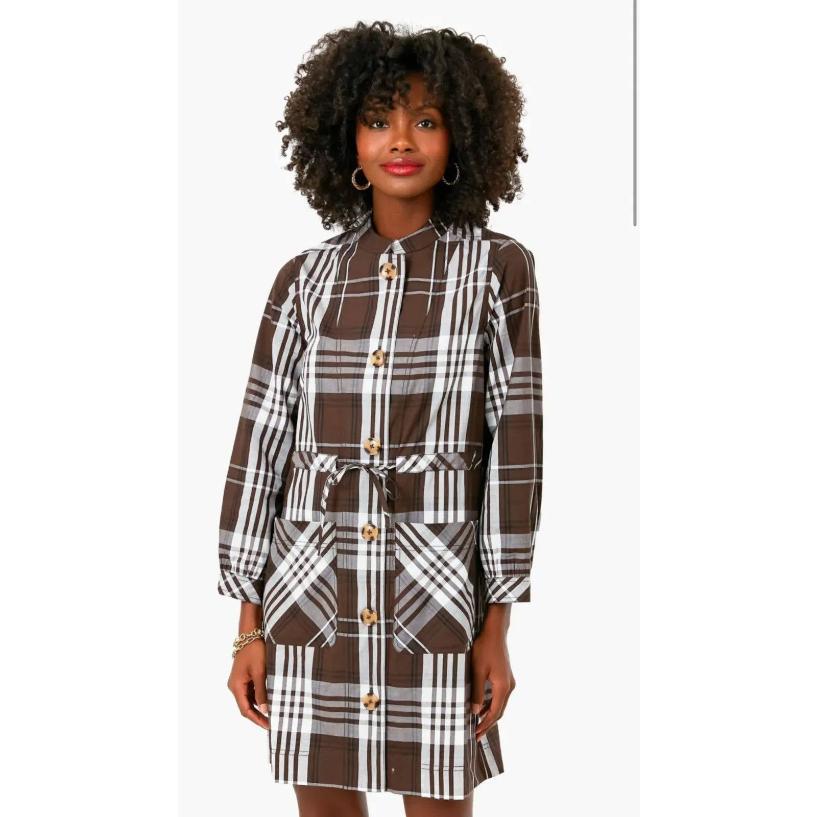 Tuckernuck Cedar Check Crosby Dress Button Front Pockets Tie Waist Size XS Brown - Image 2