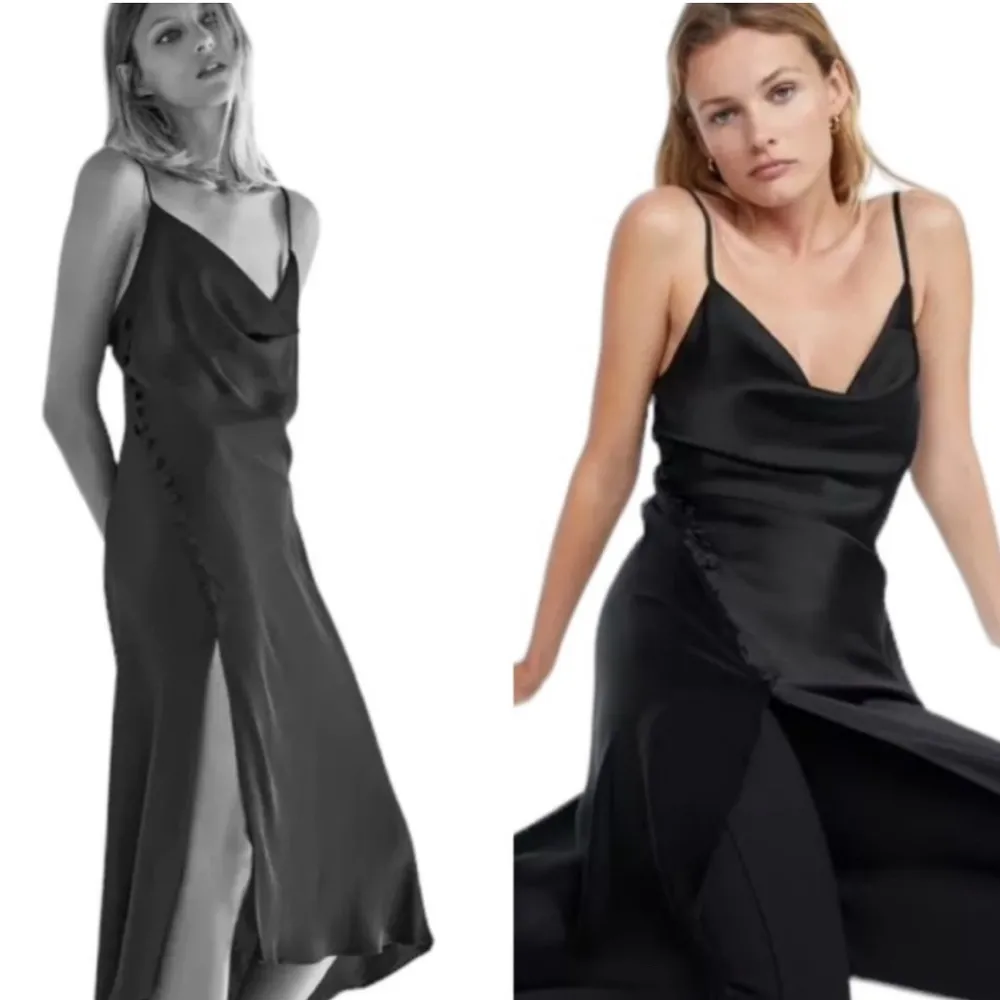 Zara Black Satin Camisole Draped Neck Button Detail Slip Midi Dress - Small - Image 4
