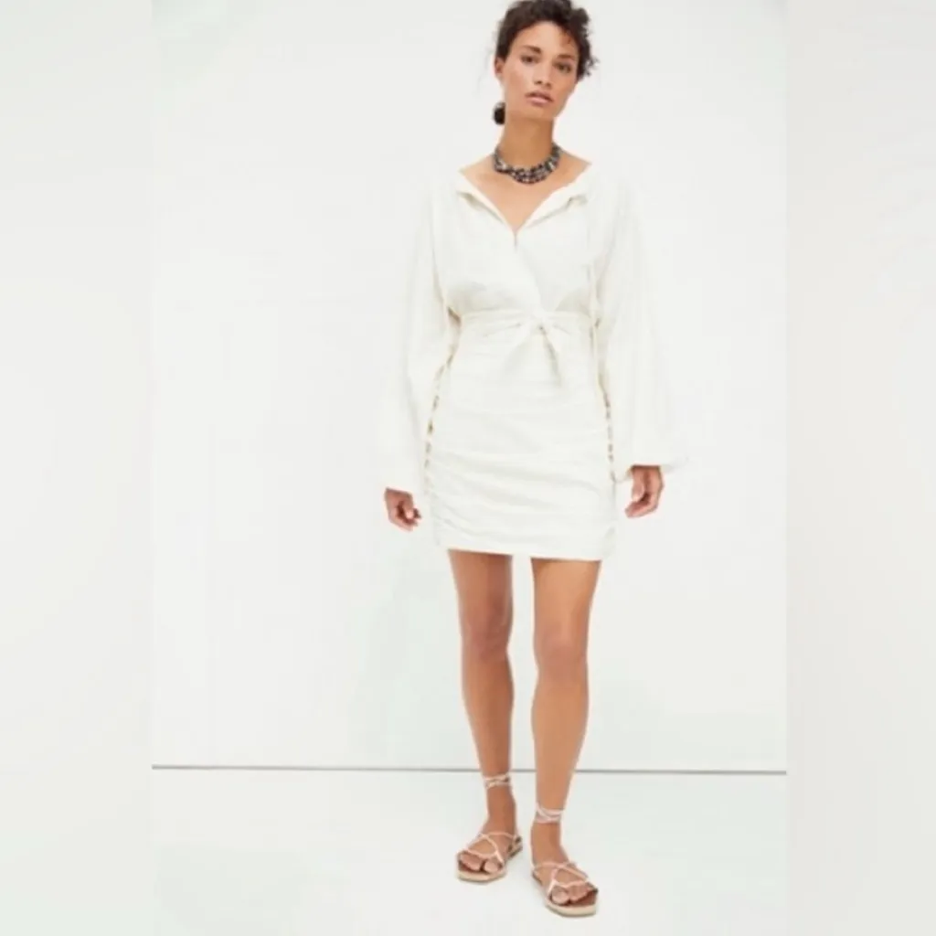 Free People Mini Dress XS Cream Gauzy Boho Peasant Ruched Buttons Neutral NWT - Image 2