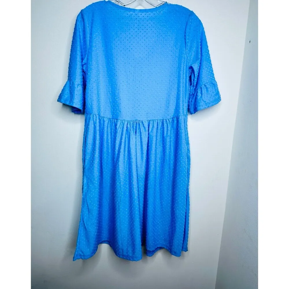 NY Collection Swiss Dot Dress Medium Blue V-Neck Empire Waist Bell Sleeve NWT - Image 8