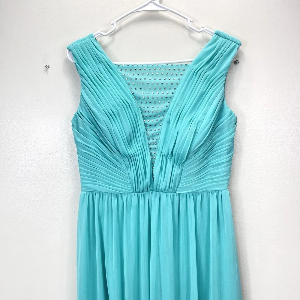 Alex Evenings Aqua Rhinestone Ruched Sleeveless Midi Stretch Mesh Dress Size 8 - Image 4