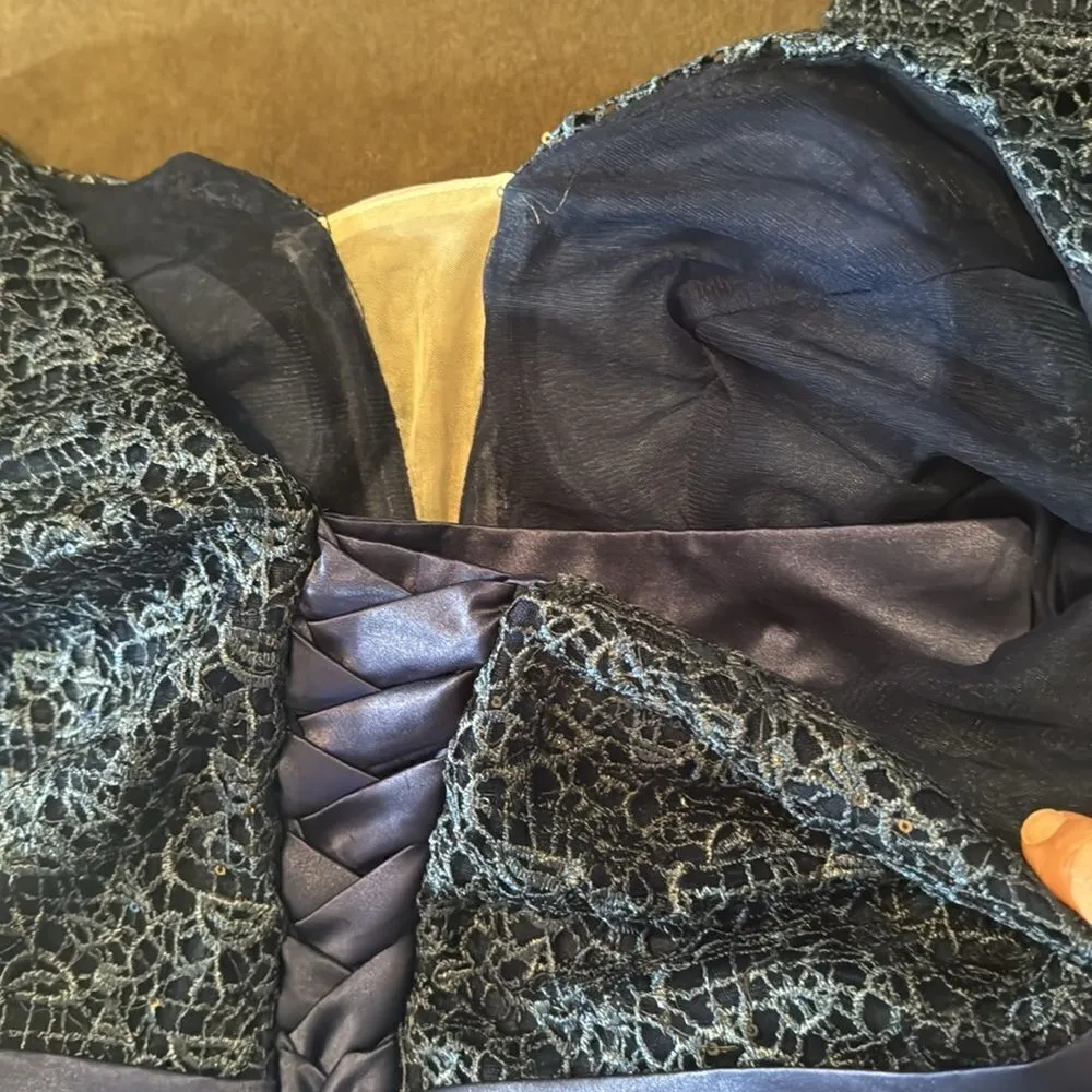 Women’s Blue Full Length 3/4 Sleeve Sparkly Sheer Bodice Dress Leg Slit Size 14 - Image 11