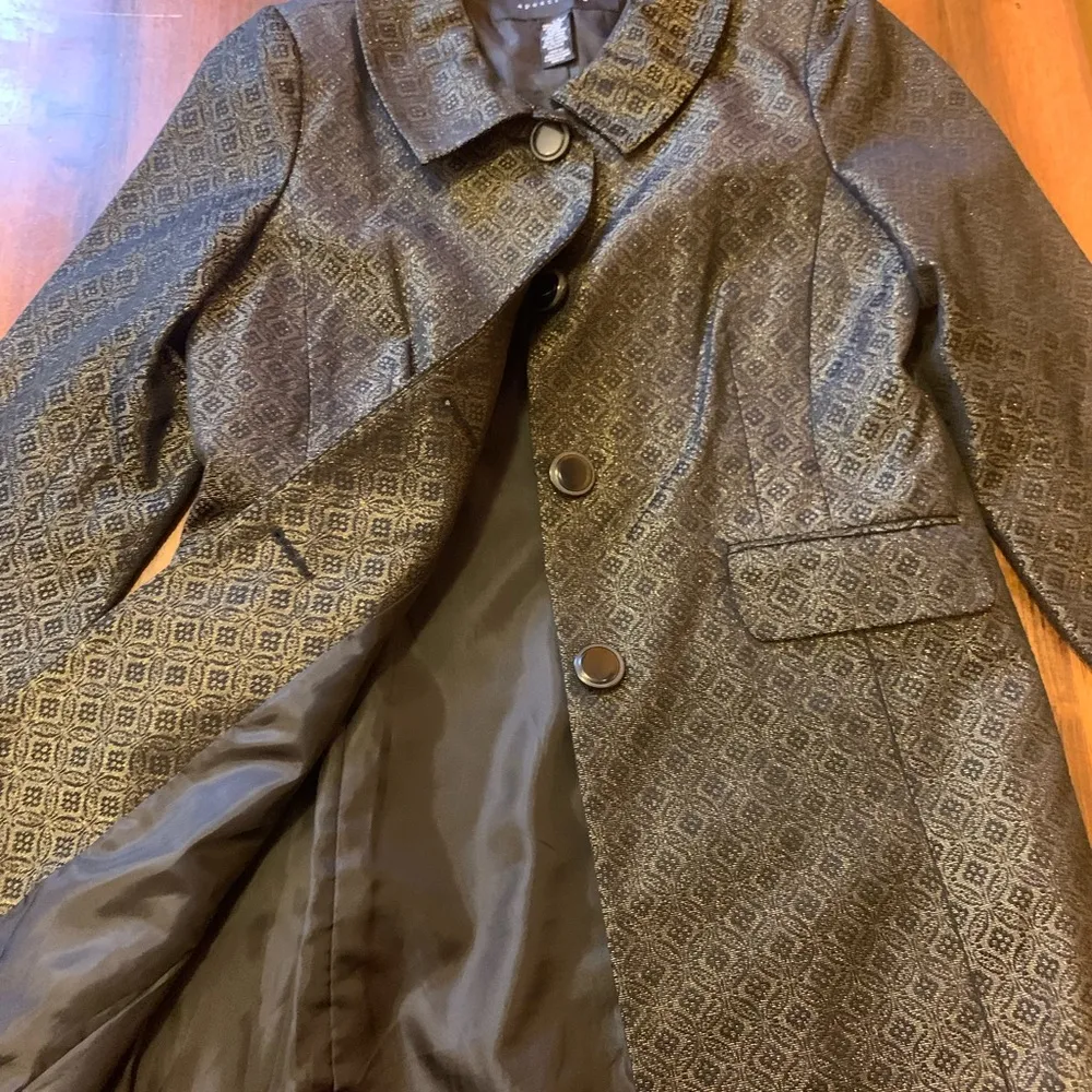 Apostrophe coat size Large Black Gold Shimmer large buttons Mandela design Long - Image 5