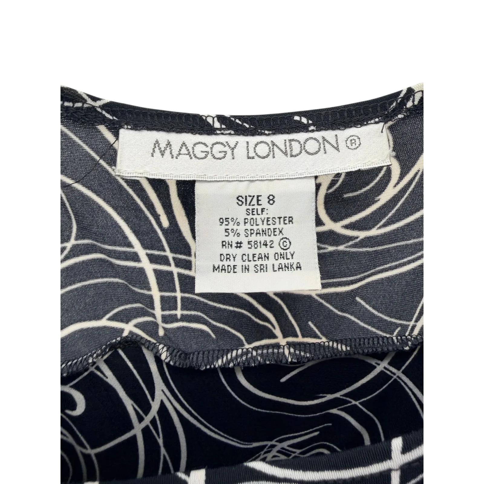 Maggy London Black White Swirl Midi Dress Ruched Waist Modern Minimalist 8 - Image 3