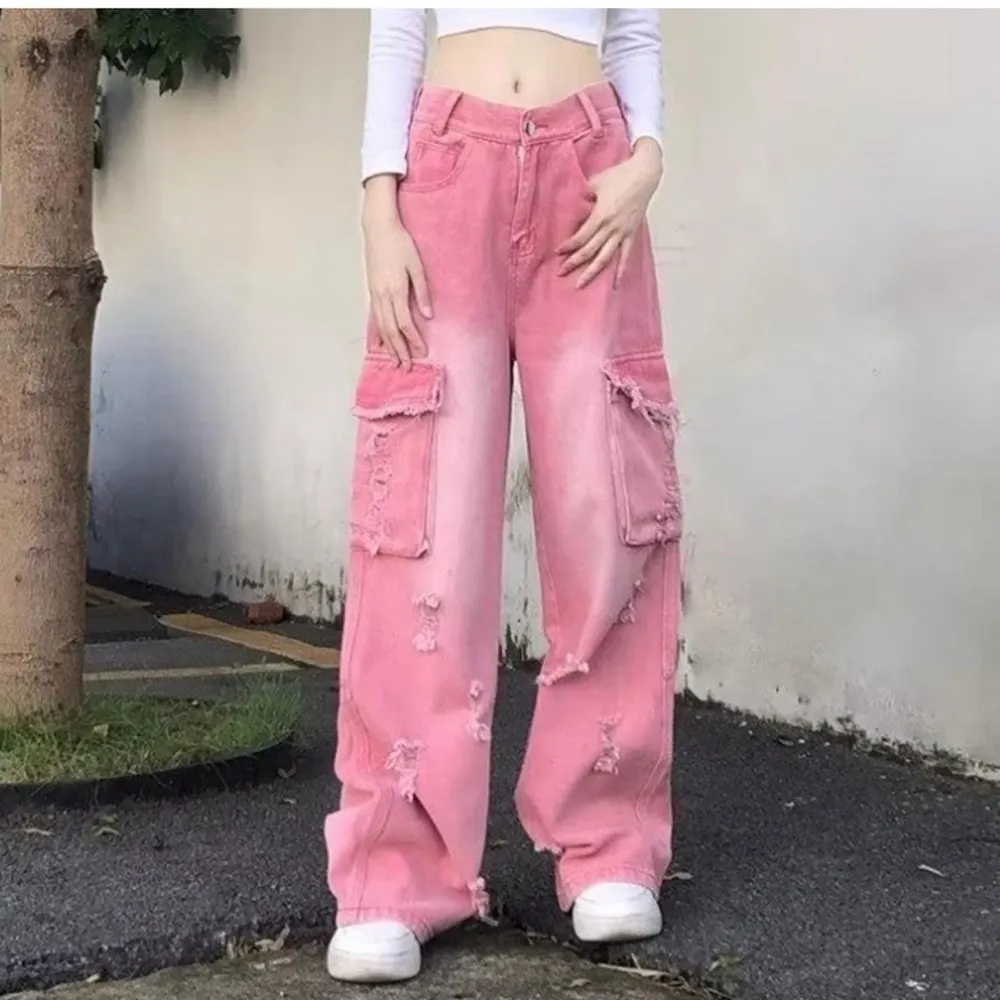 Pink Coral Ombré Wide Leg Cargo Denim Pants Cotton Y2K Streetwear Sz Small - Image 7