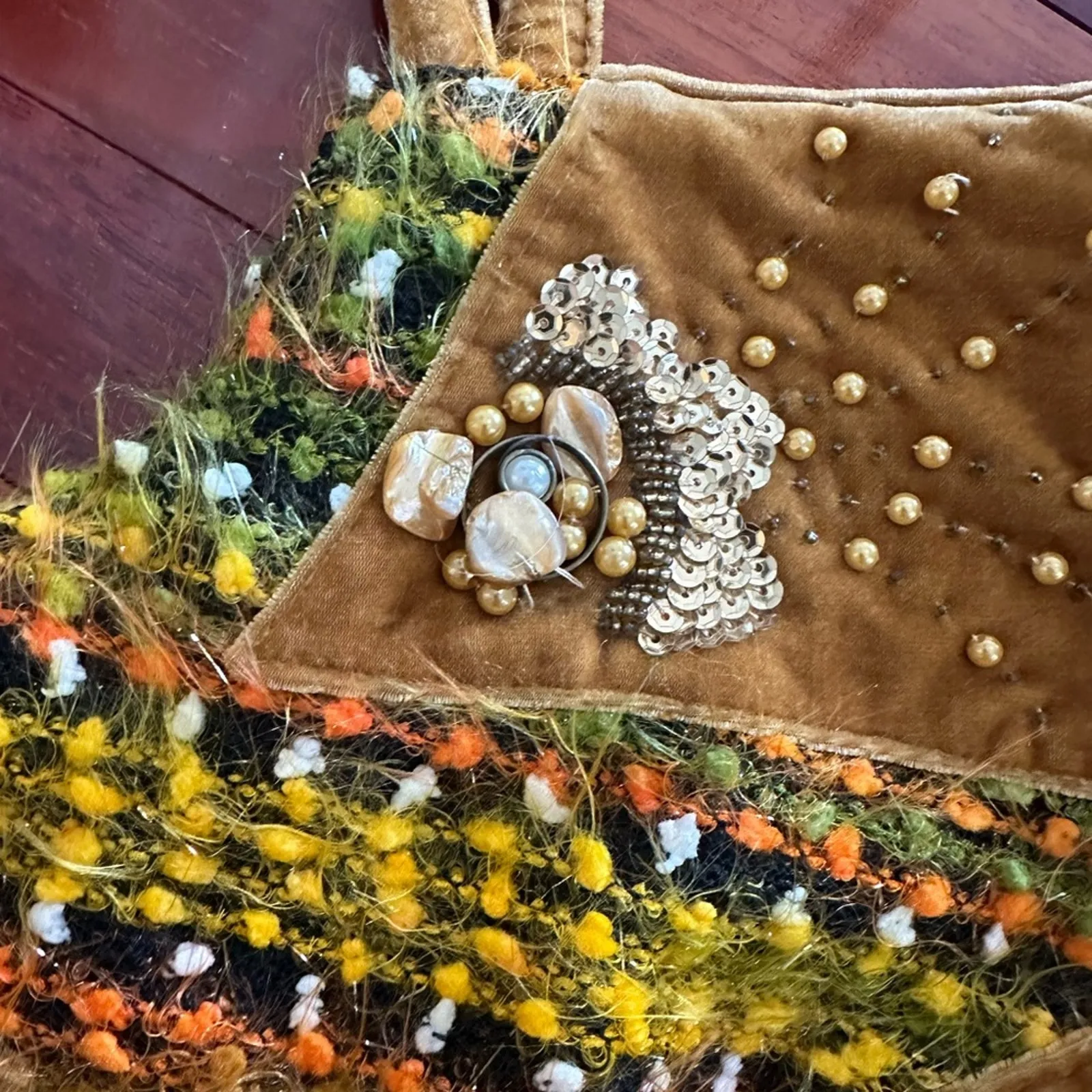 Vintage Velvet Boho Bag Beaded Embellished Crescent Moon Purse Indie Hippie Ermo Orange - Image 5