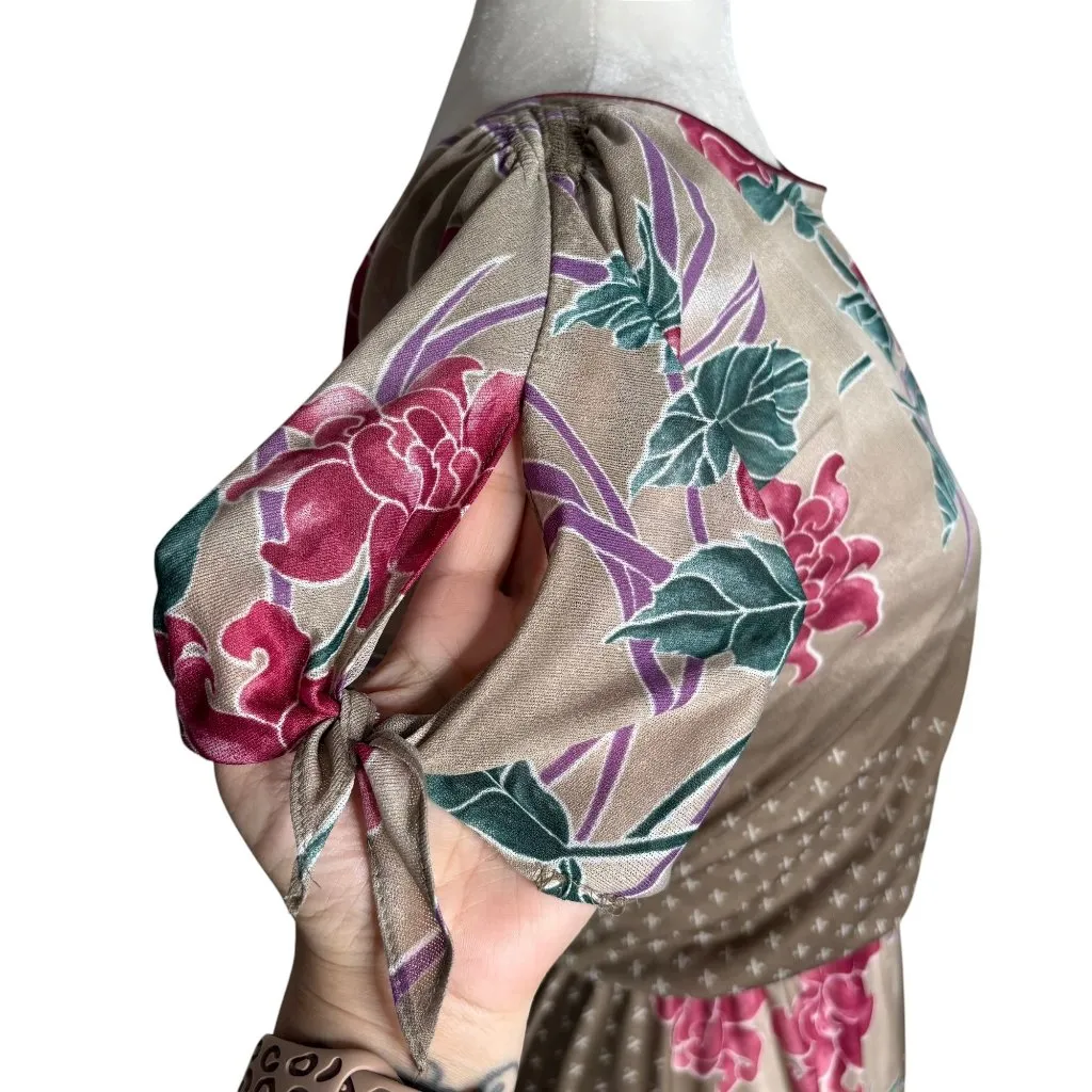 Vintage 80s Floral Short Sleeve Dress Small Slightly Sheer Tie Sleeves Elastic Tan Size undefined - Image 6