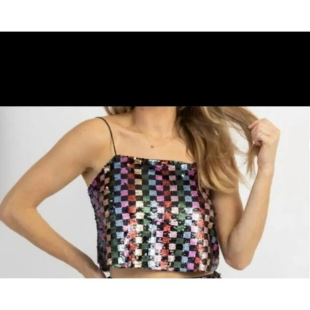 FORE NEW Celeste Checked Colorful Sequin Crop Top Size Large Women’s Black - Image 9