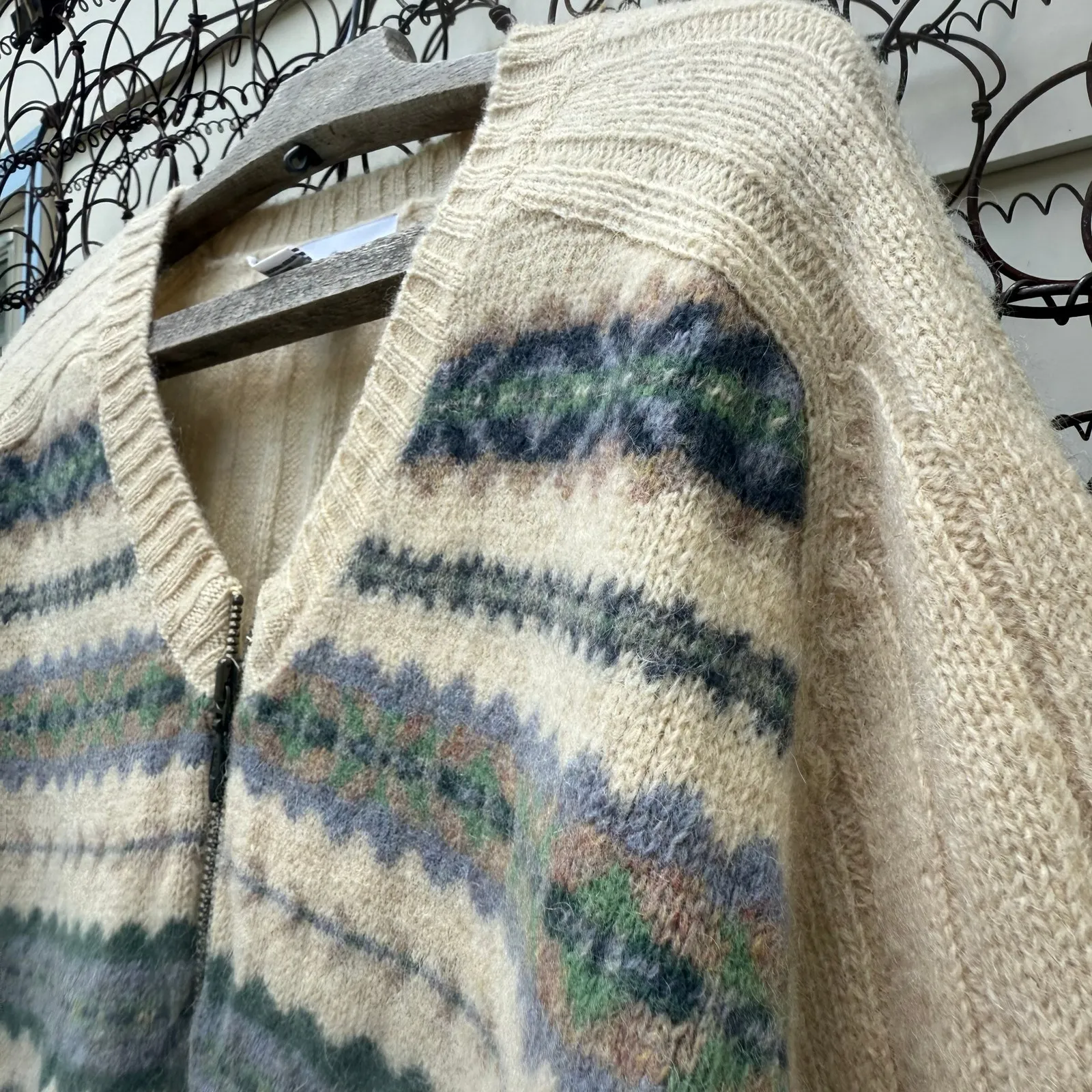 Vintage Croft and Barrow Wool Knit Zip Up Fair Isle Gorpcore Cardigan Sweater XL Blue - Image 5