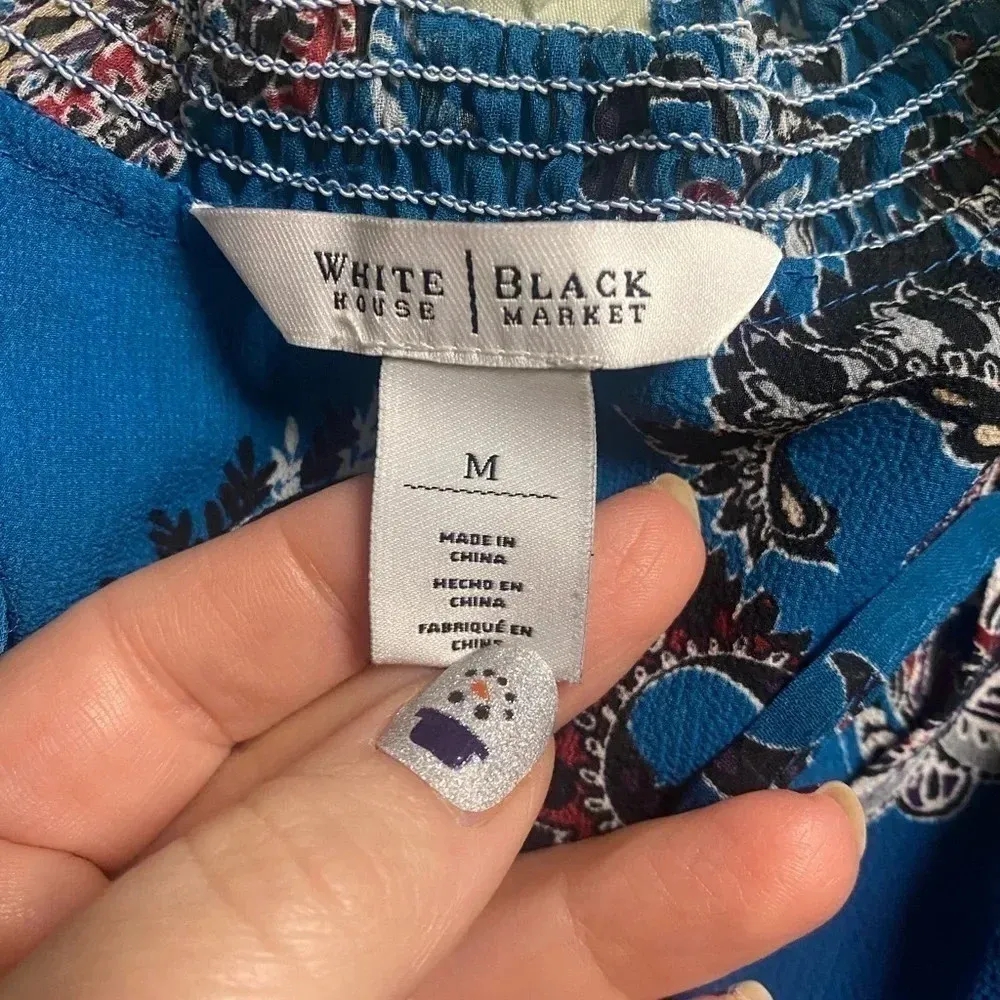 White House Black Market Blue Paisley Mock Neck Bell Sleeves WHBM Medium M - Image 7