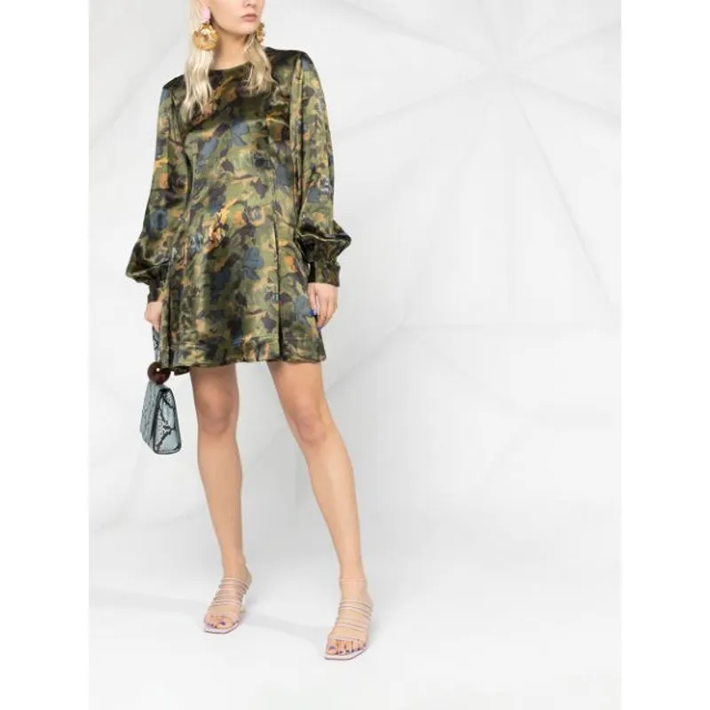 Ganni Satin Green Camo Print Long Sleeve A-Line Mini Dress - Image 5