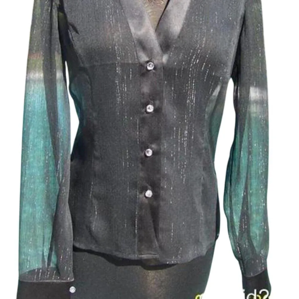 Cache Luxe Black Sheer Illusion Silver Metallic Thread Top New Satin $178 NWT - Image 5