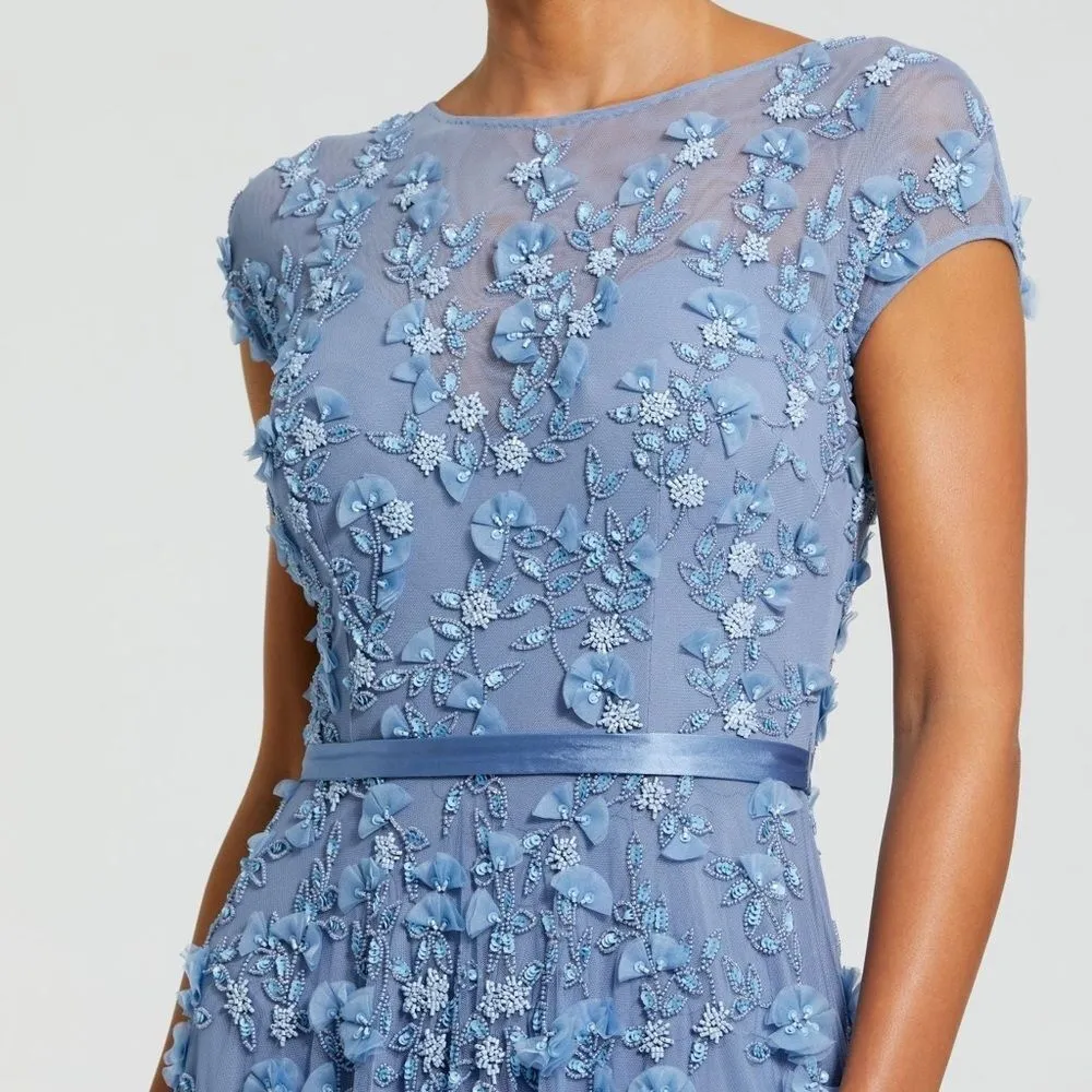 MAC DUGGAL 14521 Blue Floral Embellished Short Sleeve Mesh Gown Dress - Image 4