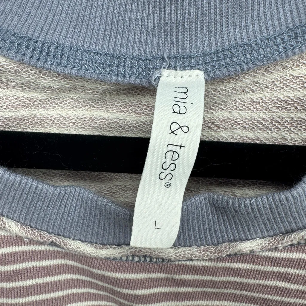 Mia & Tess Collegiate Crewneck Striped long sleeve knit sweatshirt jersey Large Purple - Image 3